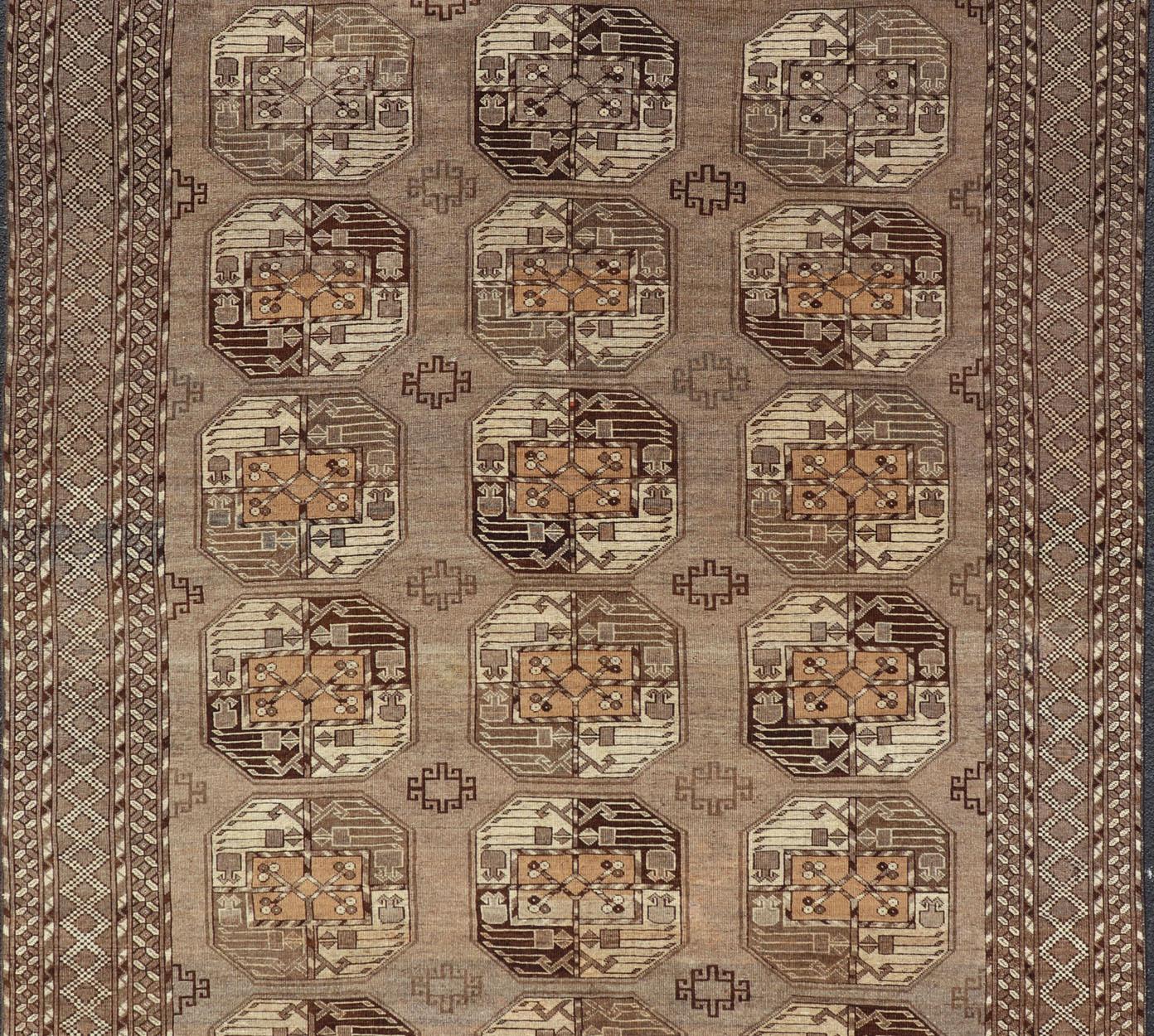 Hand-Knotted Vintage Ersari Rug with Gul Design in Brown, Ivory  & Almond In Good Condition For Sale In Atlanta, GA