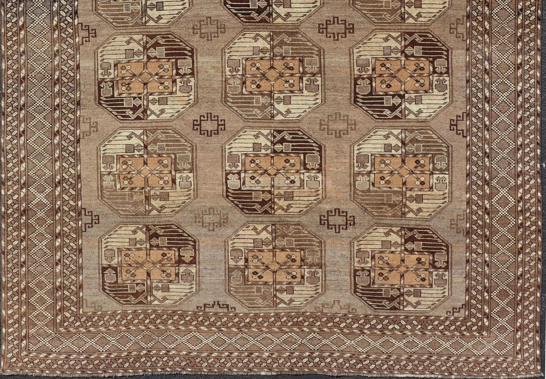 20th Century Hand-Knotted Vintage Ersari Rug with Gul Design in Brown, Ivory  & Almond For Sale