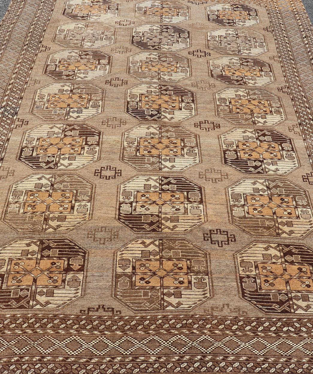 Wool Hand-Knotted Vintage Ersari Rug with Gul Design in Brown, Ivory  & Almond For Sale