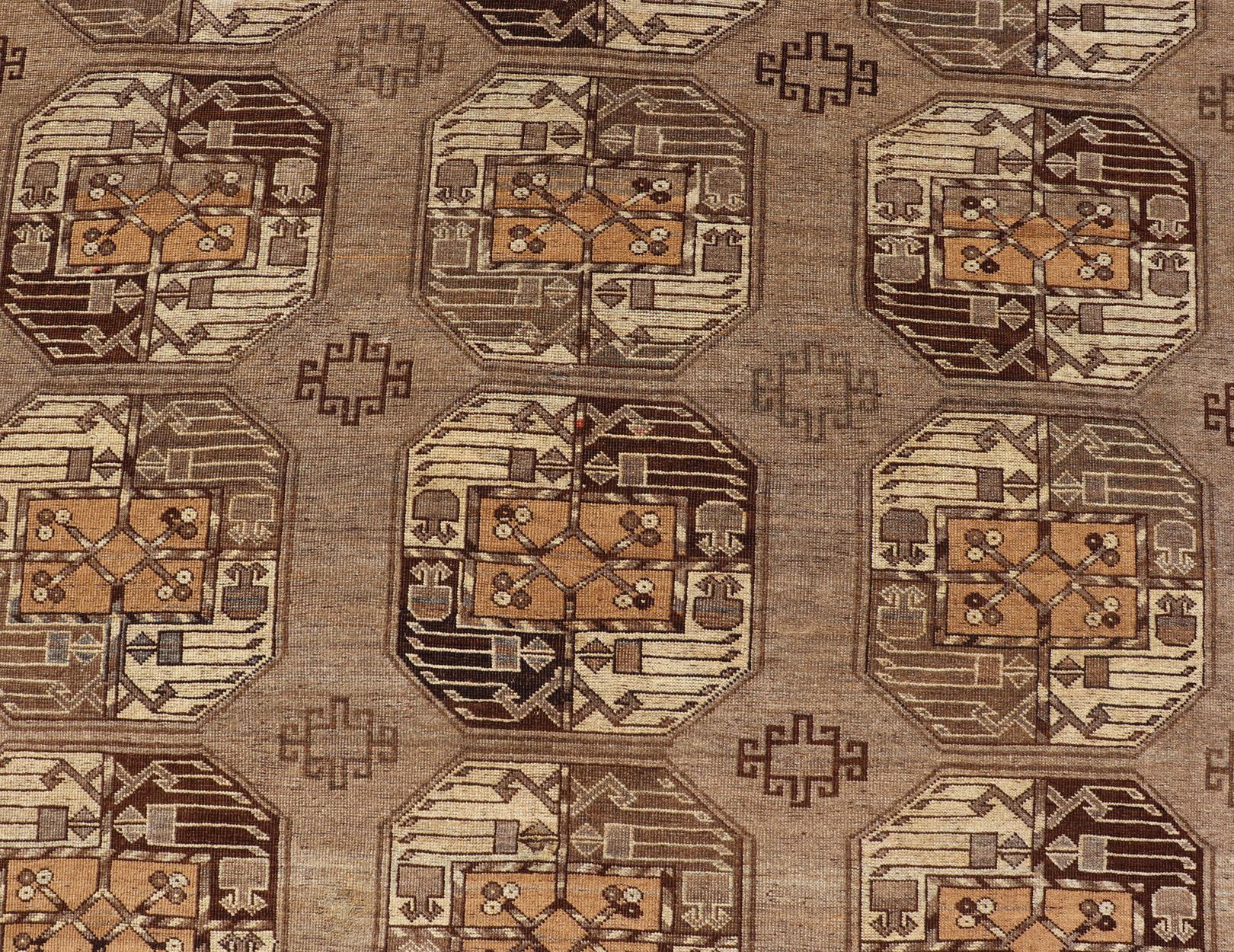 Hand-Knotted Vintage Ersari Rug with Gul Design in Brown, Ivory  & Almond For Sale 2