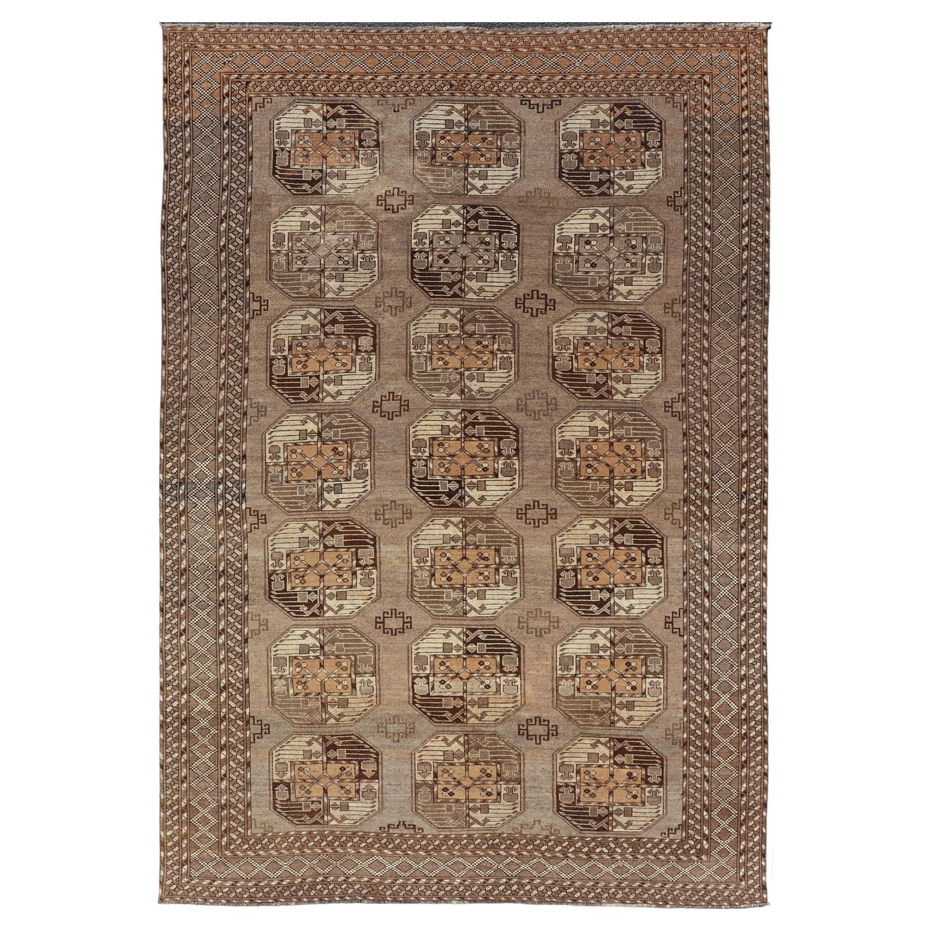Hand-Knotted Vintage Ersari Rug with Gul Design in Brown, Ivory  & Almond