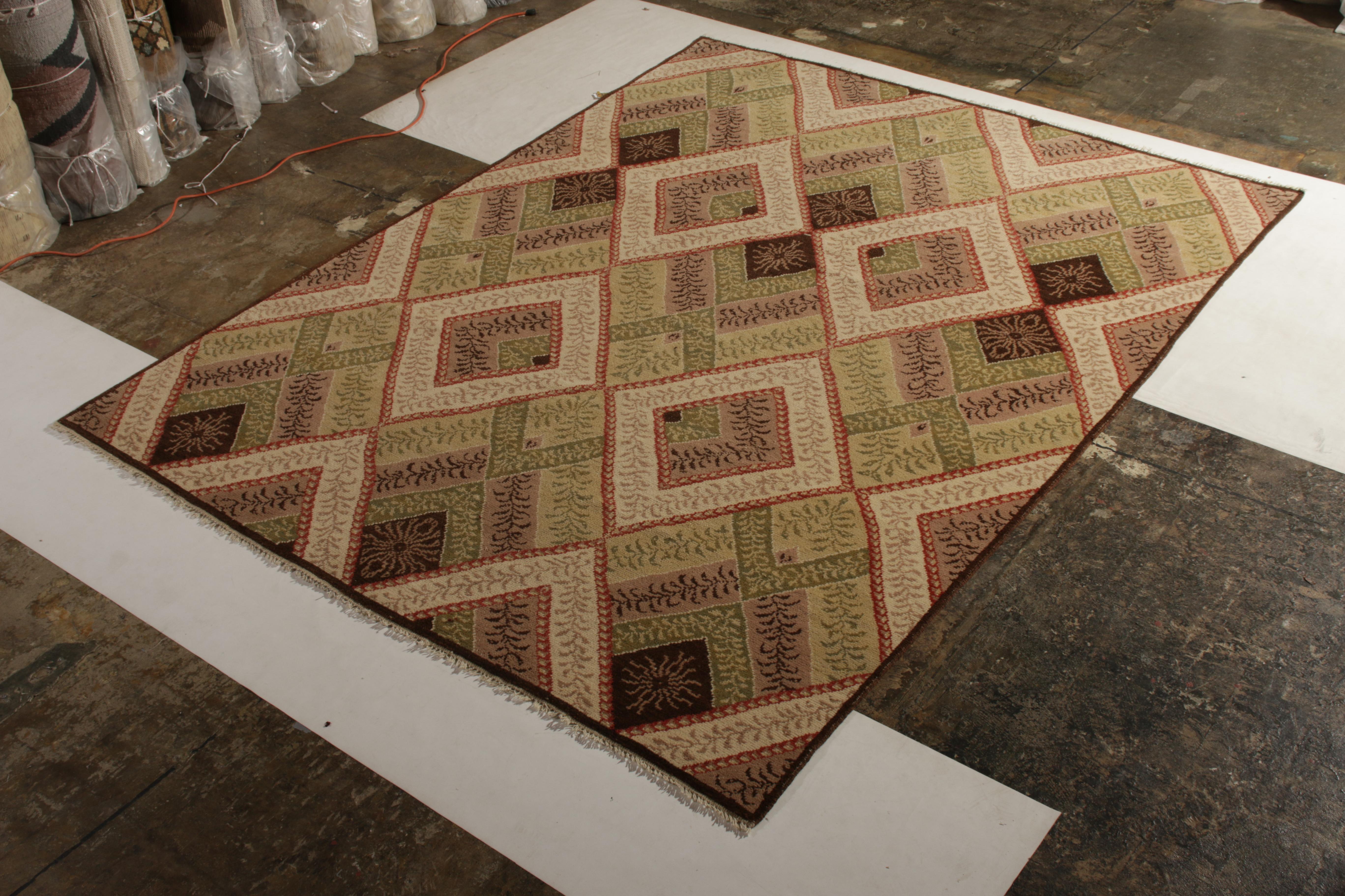 Romeno Tappeto Vintage French Country annodato a mano con motivo verde all-over di Rug & Kilim in vendita