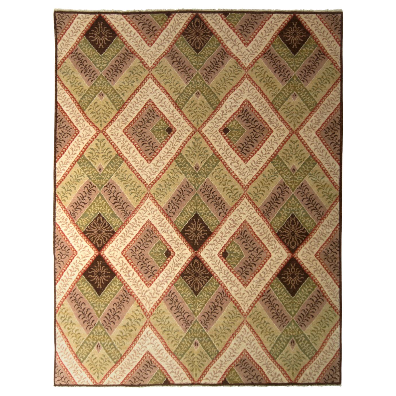 Hand Knotted Vintage French Country Rug in Green All-Over Pattern by Rug & Kilim