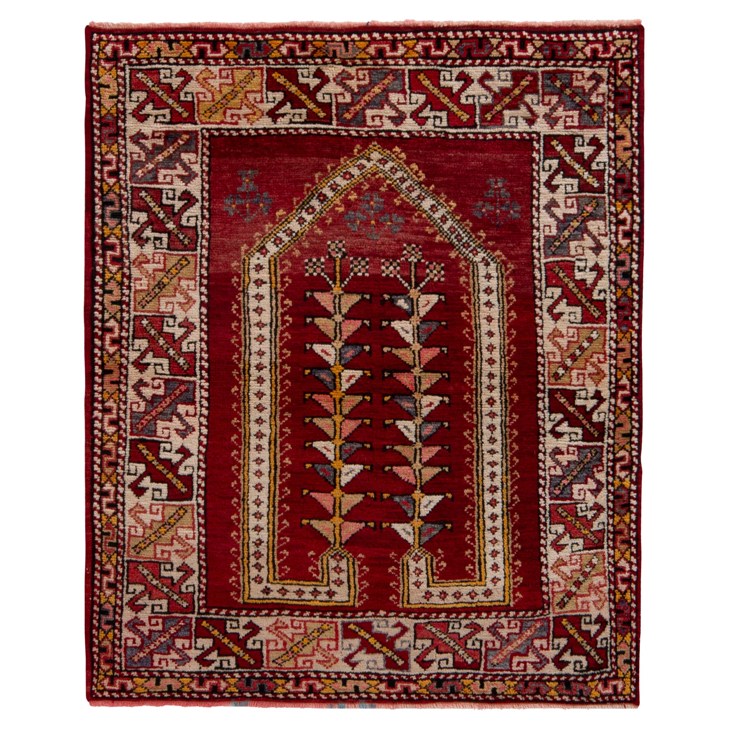 Hand-Knotted Vintage Ghiordes Rug in Red & Gold Geometric Pattern by Rug & Kilim For Sale