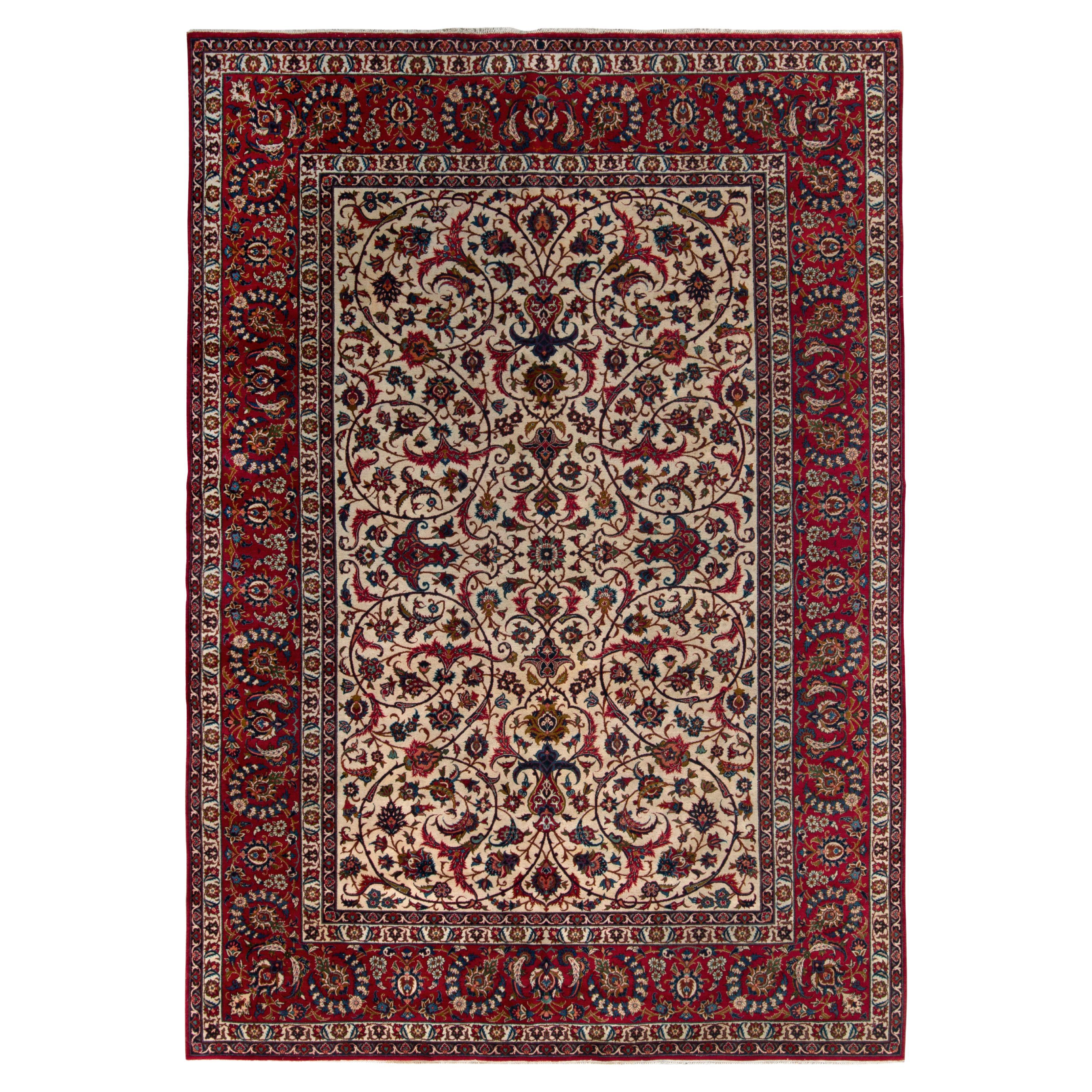 Hand-Knotted Vintage Isfahan Rug in All over Red, Blue, Beige Floral Pattern