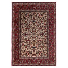 Hand-Knotted Retro Isfahan Rug in All over Red, Blue, Beige Floral Pattern