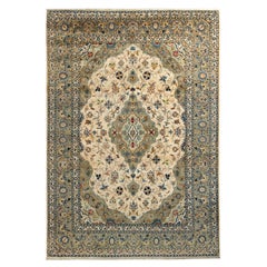 Hand-Knotted Vintage Kashan Persian Rug in Blue, Green, Beige Medallion Pattern