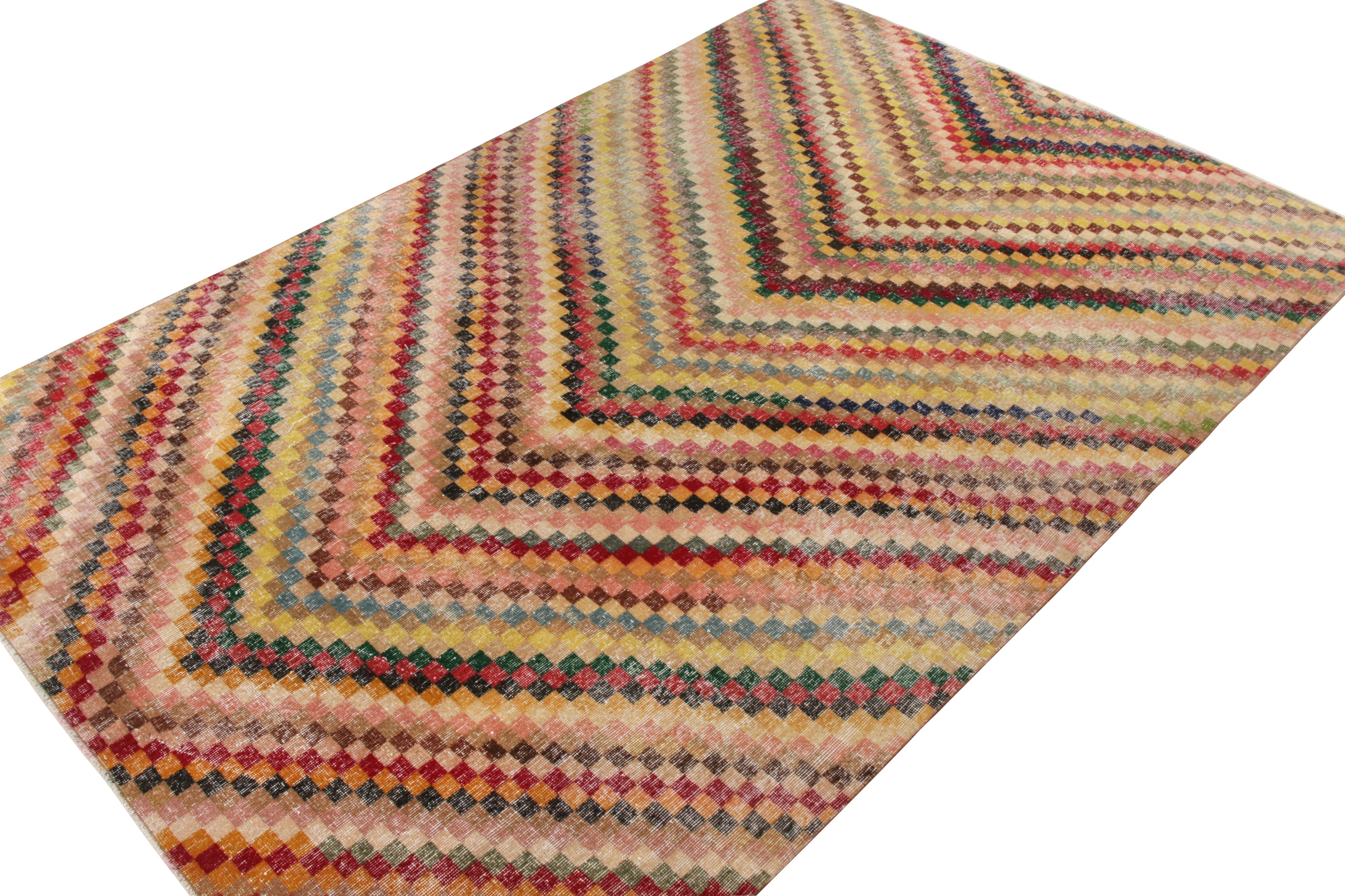 Art Deco Hand-Knotted Vintage Mid Century in Multicolor Chevron Pattern by Rug & Kilim For Sale