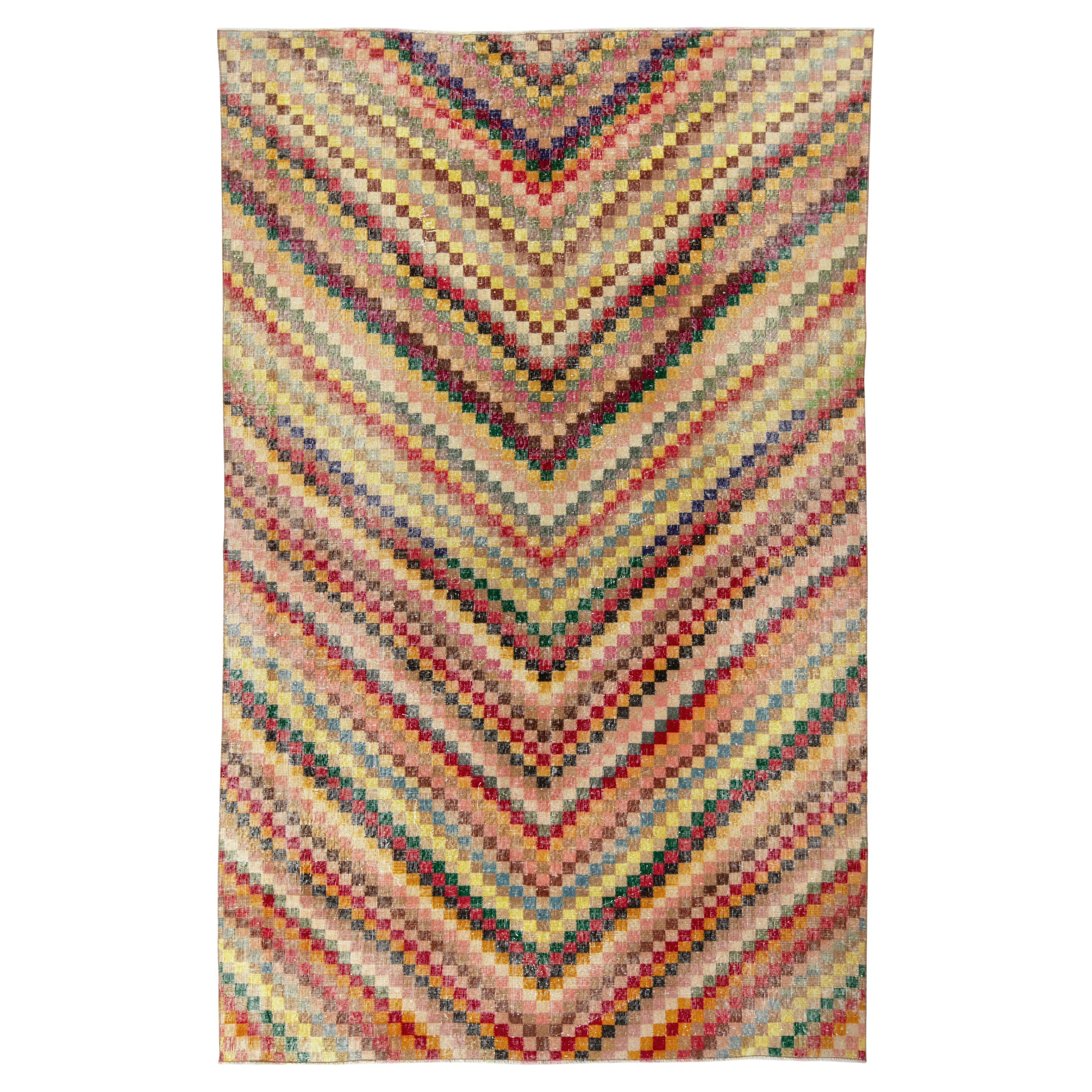 Hand-Knotted Vintage Mid Century in Multicolor Chevron Pattern by Rug & Kilim For Sale