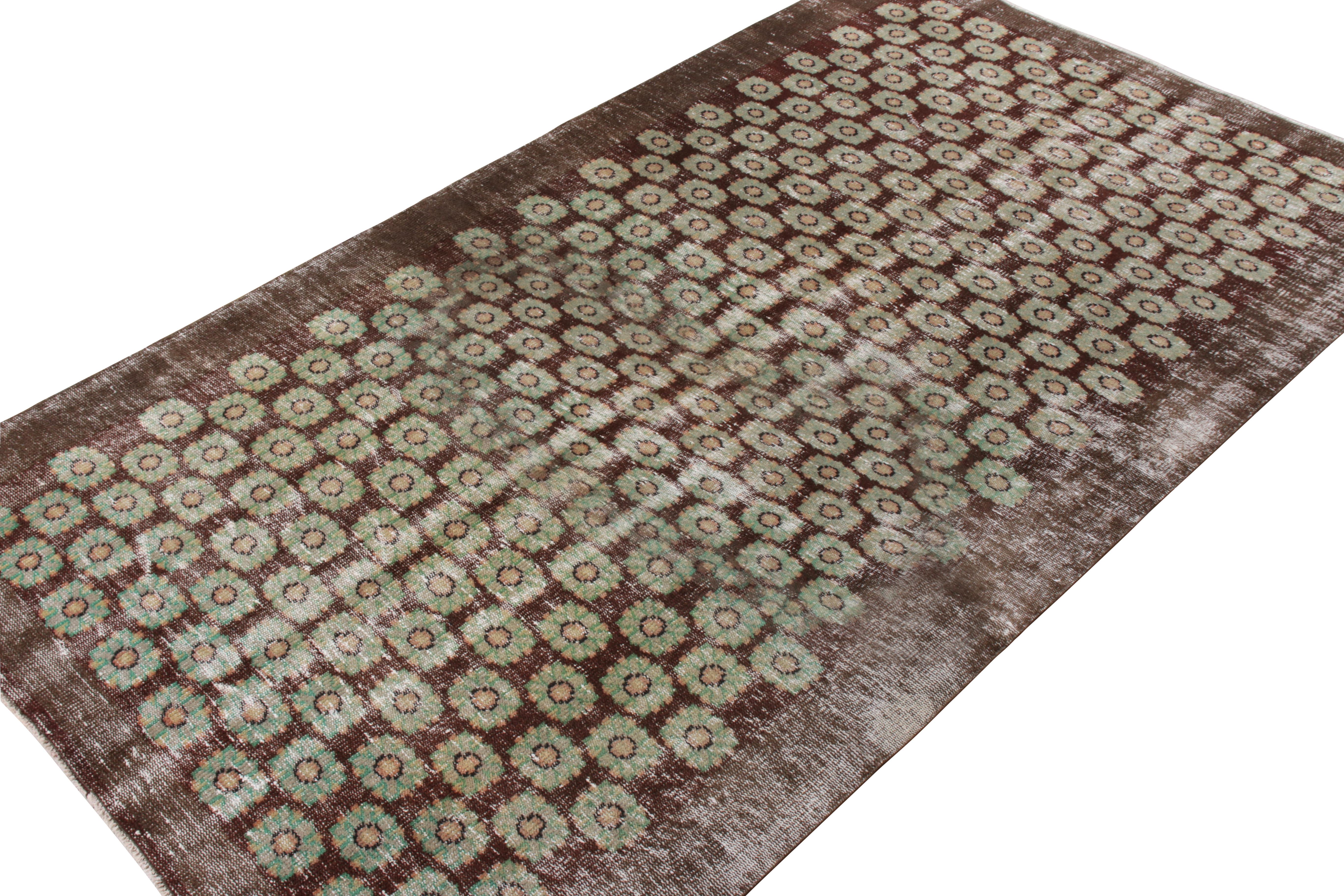 Art Deco Hand-Knotted Vintage Mid Century in Brown, Green, Floral Pattern by Rug & Kilim For Sale