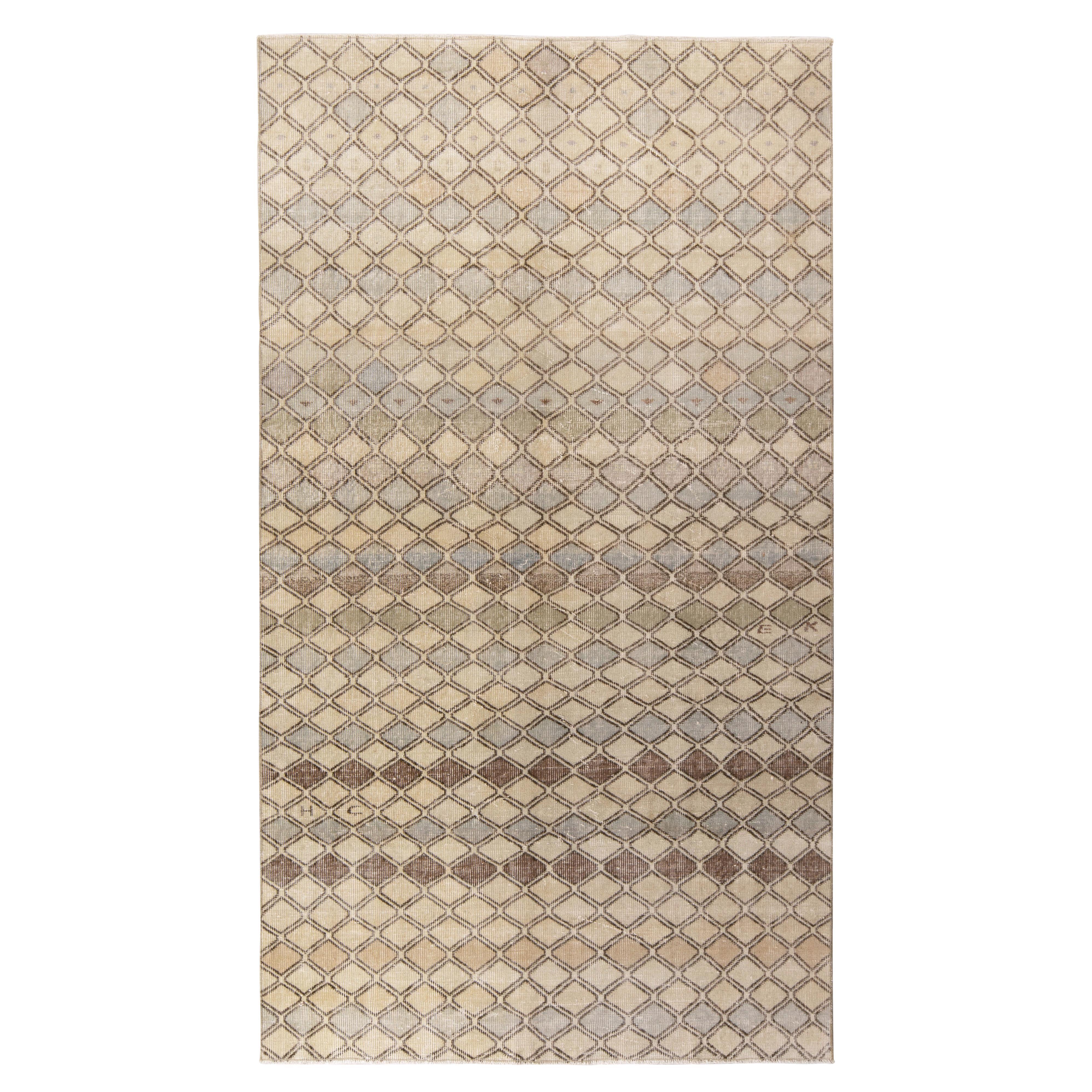 Hand-Knotted Vintage Mid Century Distressed Rug in Beige Pattern by Rug & Kilim