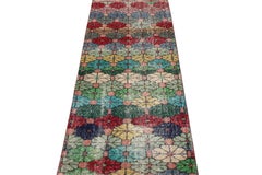 Hand-Knotted Vintage Mid-Century Runner in Green, Floral Pattern by Rug & Kilim