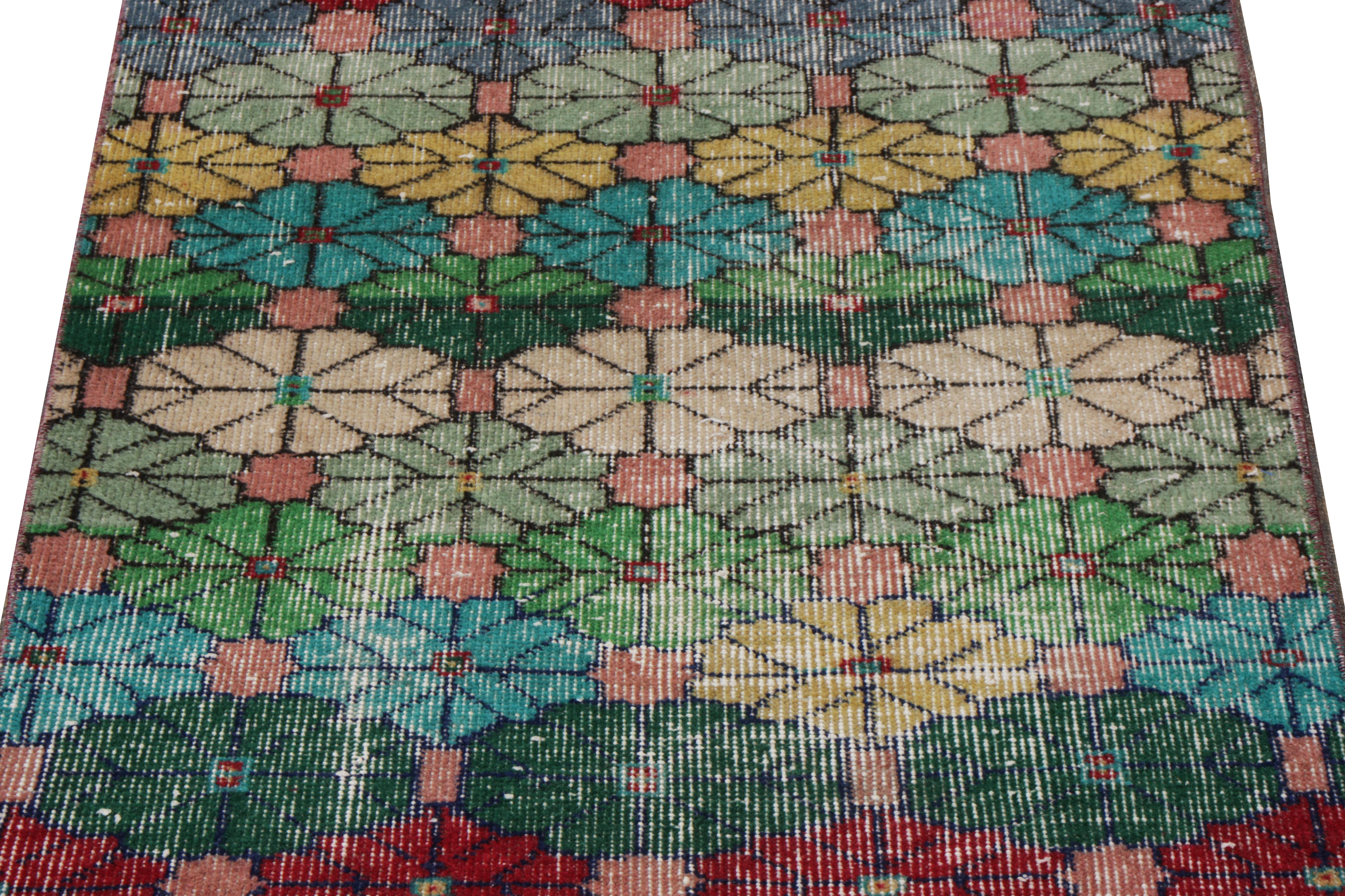 Turkish Hand-Knotted Vintage Mid-Century Runner in Green, Floral Pattern by Rug & Kilim For Sale