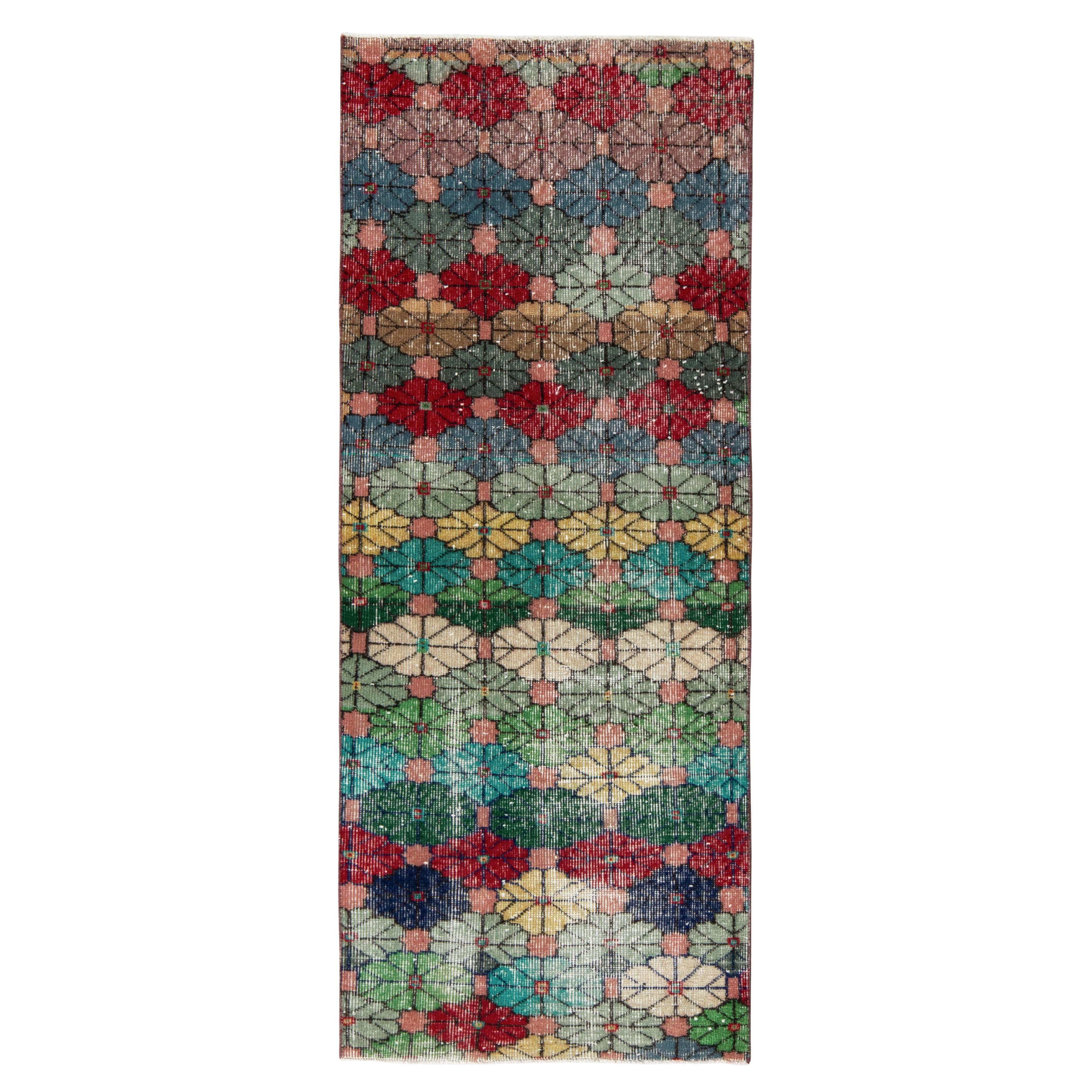 Hand-Knotted Vintage Mid-Century Runner in Green, Floral Pattern by Rug & Kilim For Sale