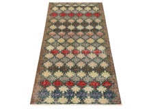 Hand-Knotted Vintage Mid Century Runner in Green, Blue, Geometric by Rug & Kilim