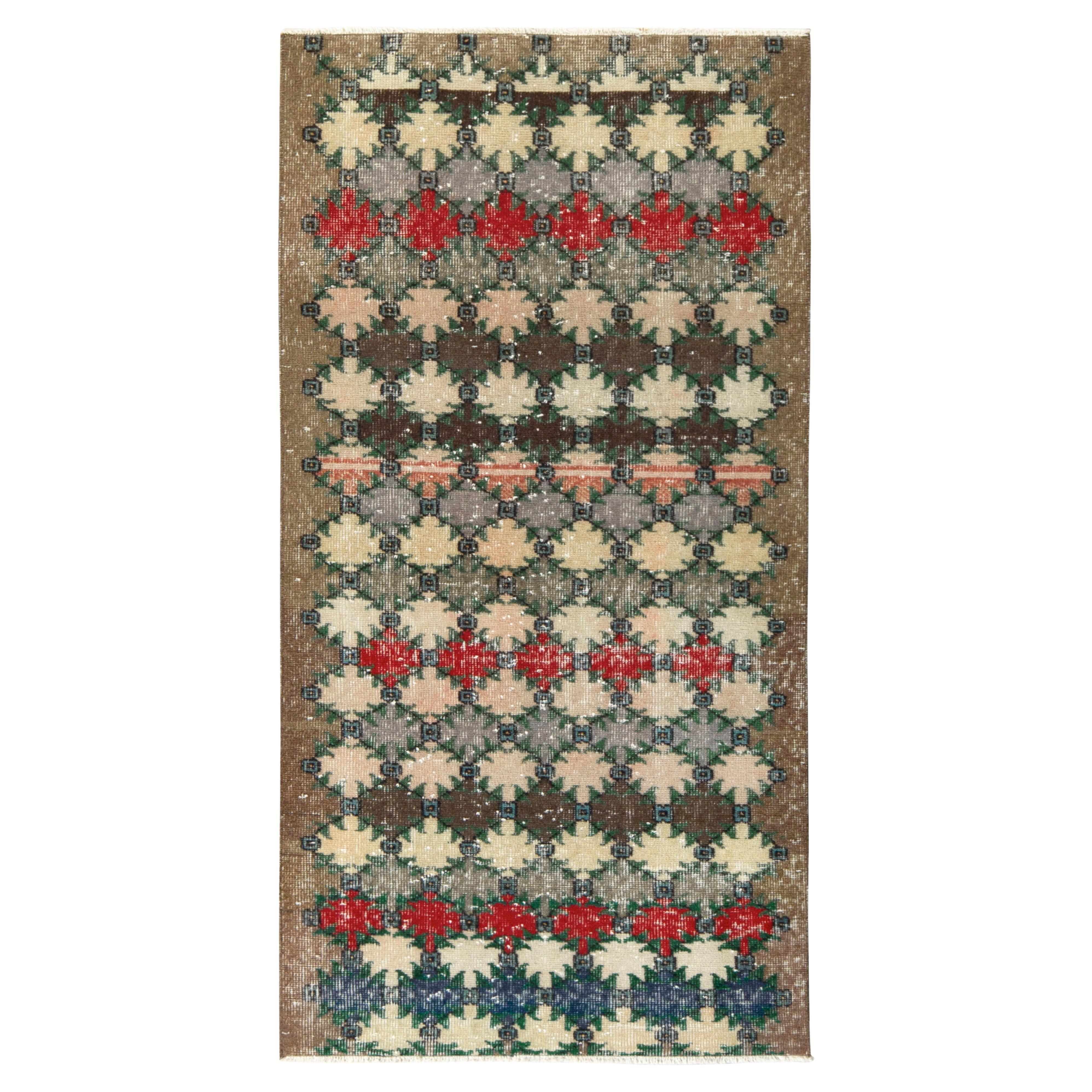 Hand-Knotted Vintage Mid Century Runner in Green, Blue, Geometric by Rug & Kilim For Sale