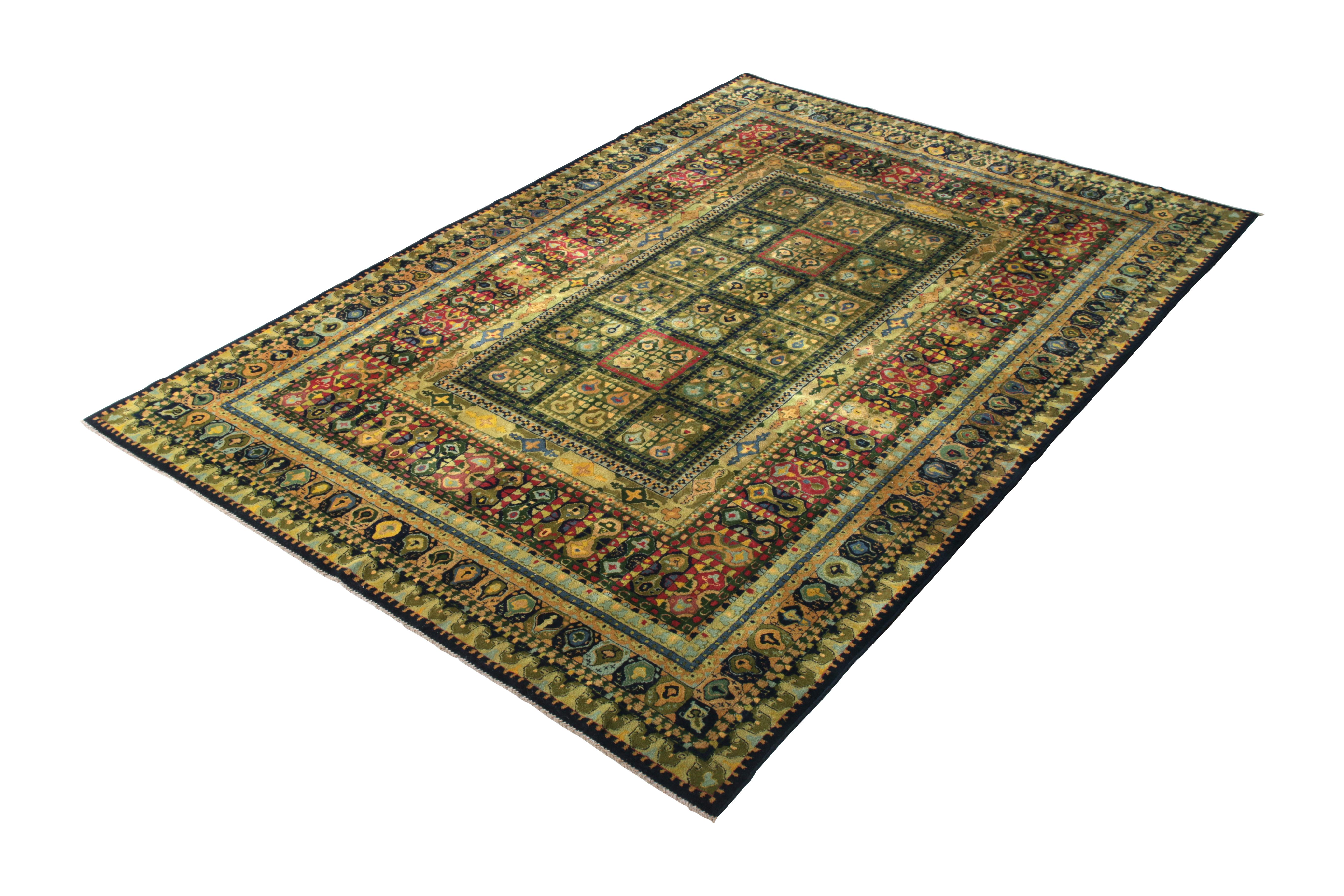 Hand knotted in wool originating from Turkey circa 1950-1960, this vintage rug connotes one of the most distinctive, rare mid-century Turkish rug designs to join our antique and vintage collection, further boasting a unique prevailing green colorway