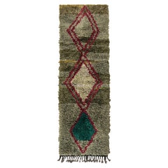 Hand-Knotted Vintage Moroccan Berber Runner in Green, Red Lozenge Pattern