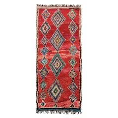 Hand-Knotted Vintage Moroccan Berber Runner in Red, Blue Lozenge Pattern