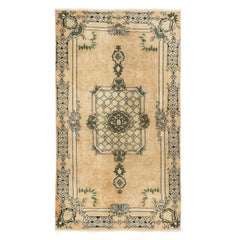 Hand-Knotted Vintage Oushak Accent Rug in Beige, Green and Light Blue