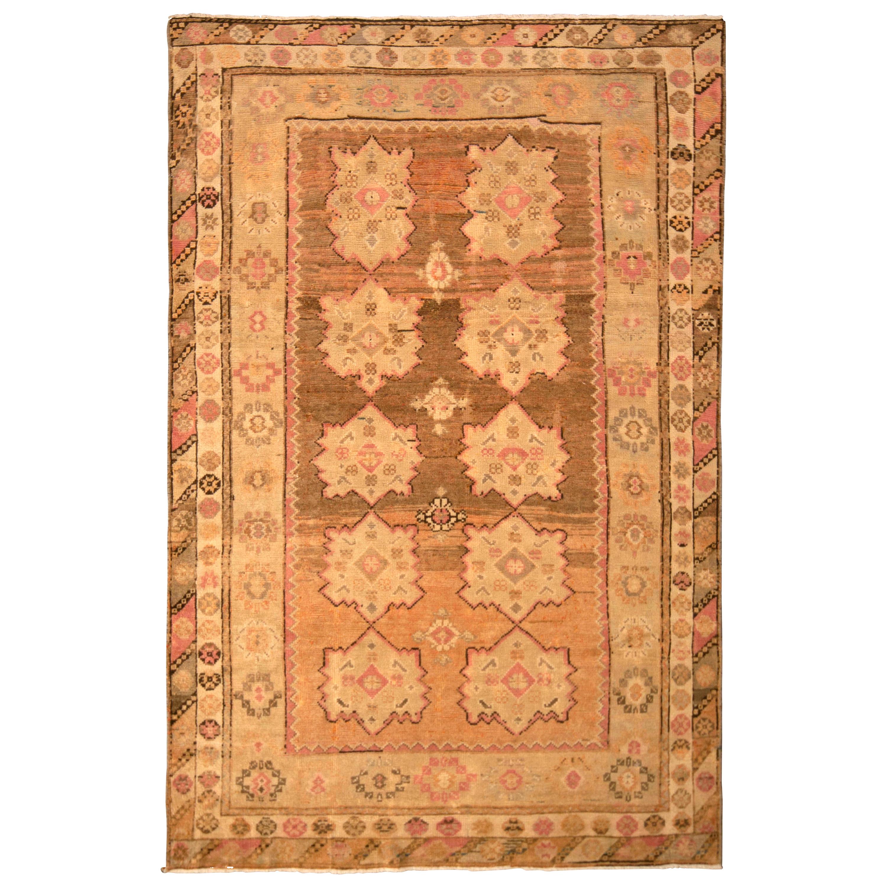 Hand Knotted Vintage Oushak Rug Beige Brown Geometric Pattern by Rug & Kilim For Sale