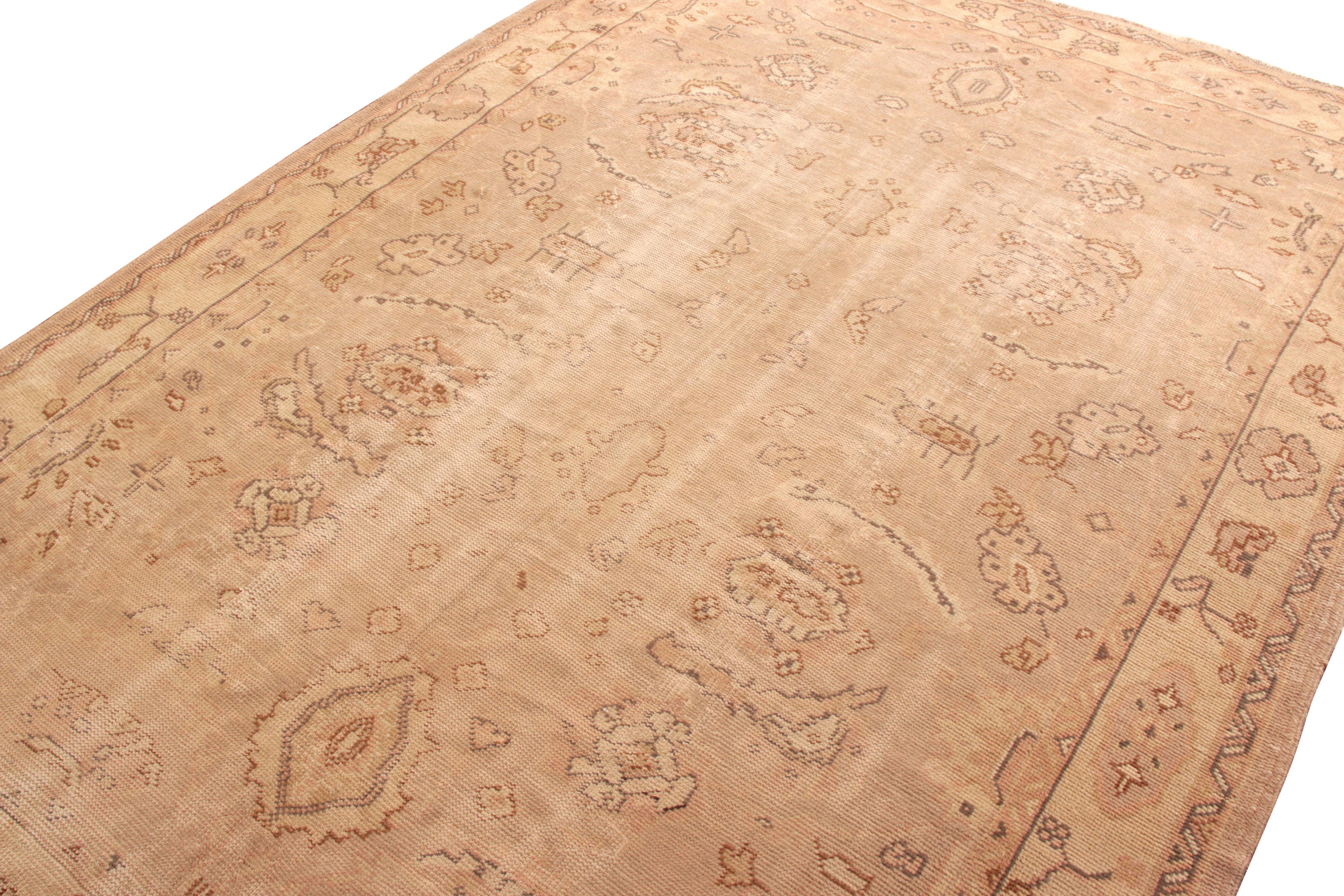 Hand-Knotted Hand Knotted Vintage Oushak Rug, Beige Pink Rug in Floral Pattern by Rug & Kilim