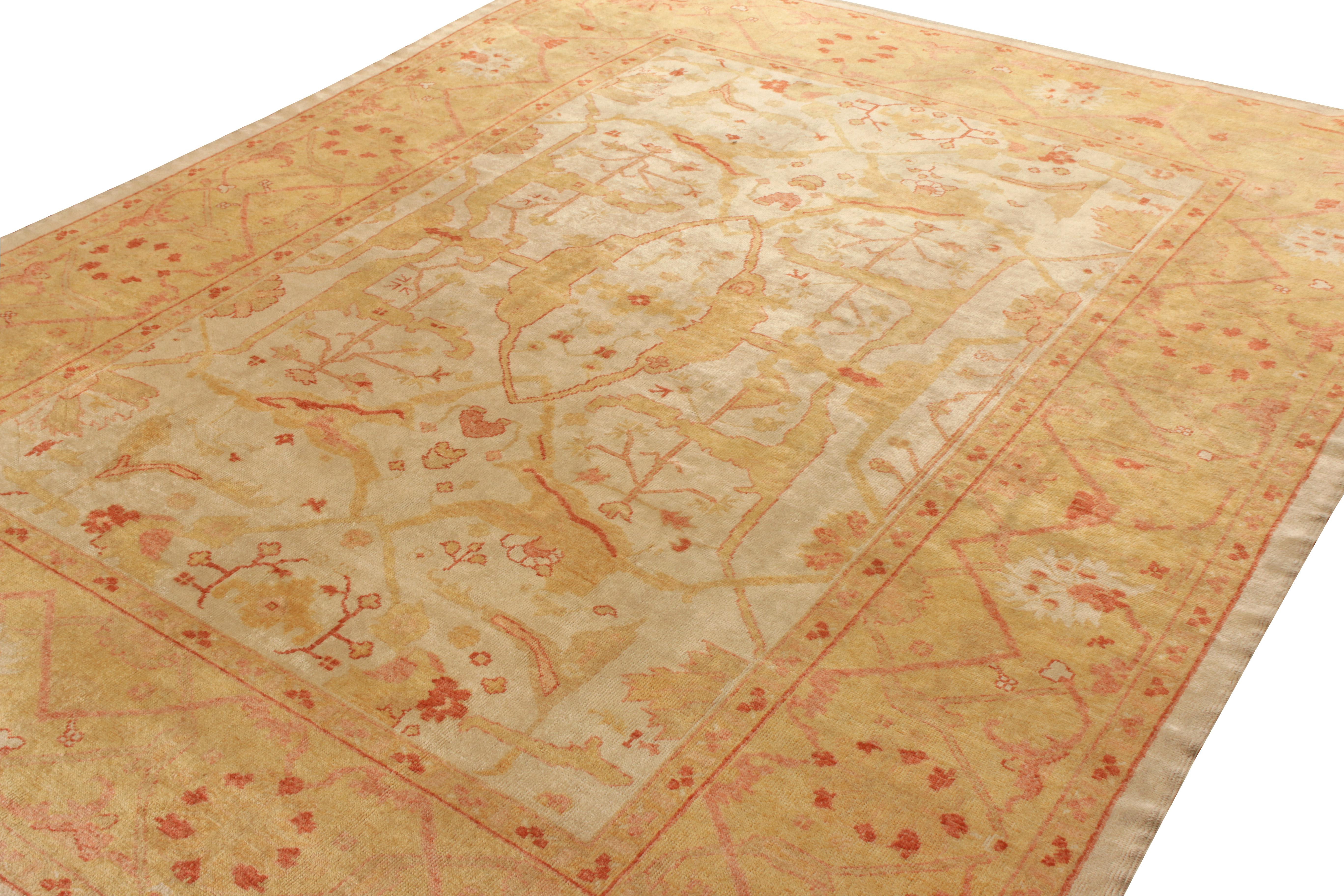 Hand-Knotted Vintage Oushak Rug in All over Gold, Pink-Red Floral Pattern by Rug & Kilim For Sale