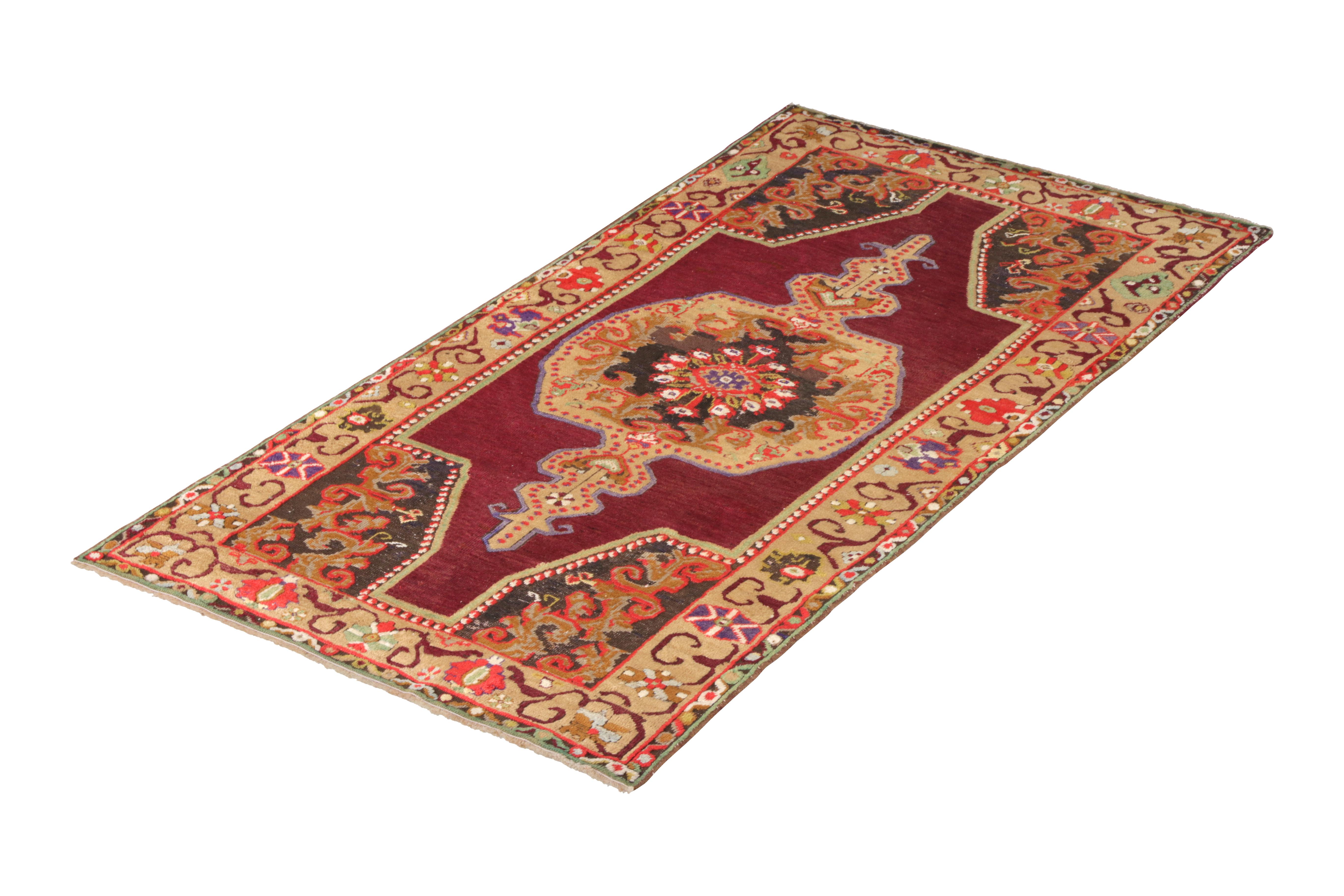 Hand knotted in wool originating from Turkey circa 1950-1960, this vintage rug connotes a midcentury Oushak rug design of rare color and exceptional detail, enjoying a medallion pattern in 4 x 6 size and further good condition for a vintage rug of
