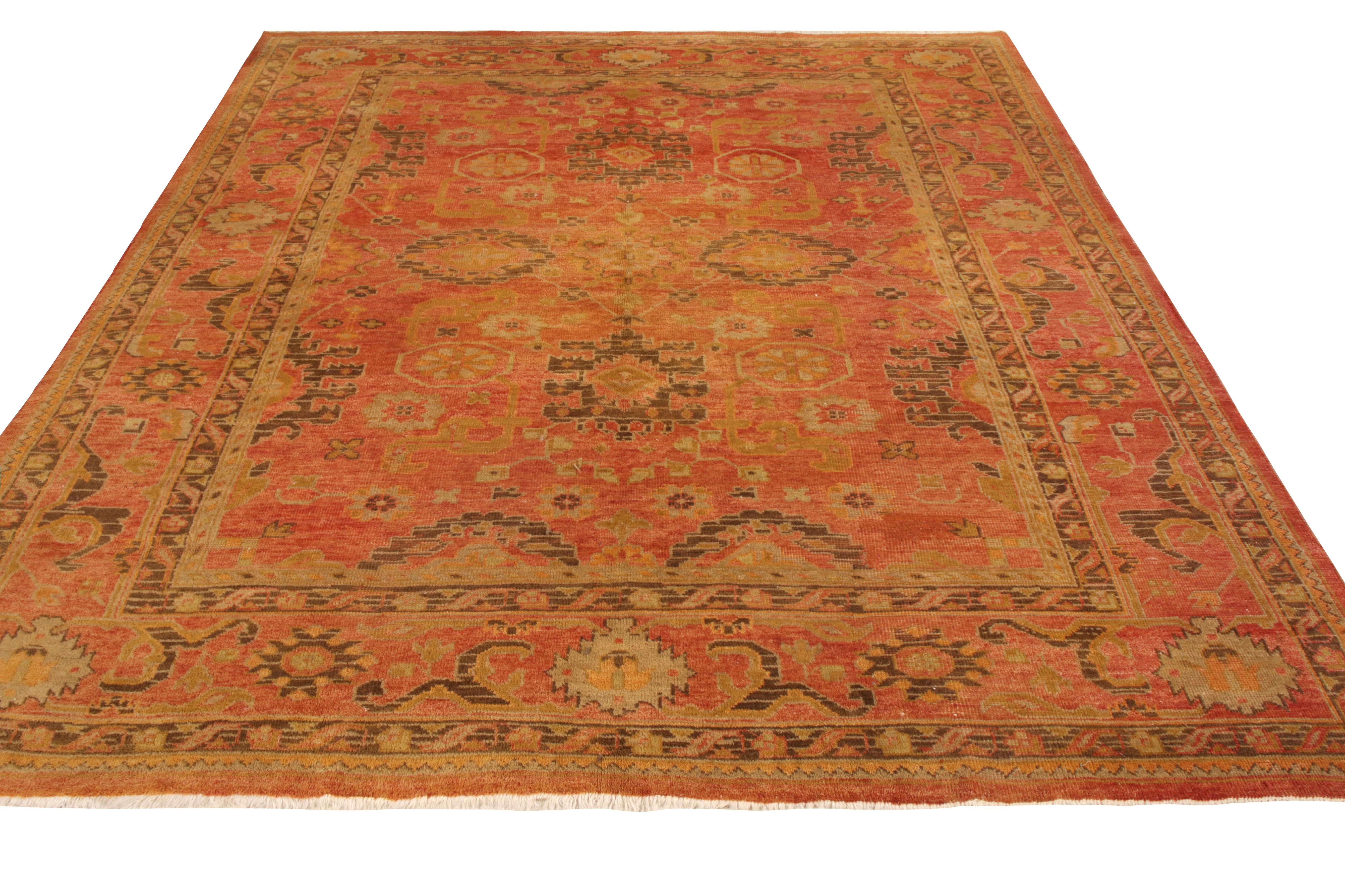 Hand knotted in wool originating from Turkey circa 1950-1960, this vintage 8x10 Oushak rug is a distinguished addition to Rug & Kilim’s exclusive Antique & Vintage Collection. Inspired from 19th-century-style floral medallion patterns, the rug