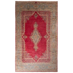 Hand-Knotted Vintage Persian Kerman Rug in Red and Blue Medallion Style
