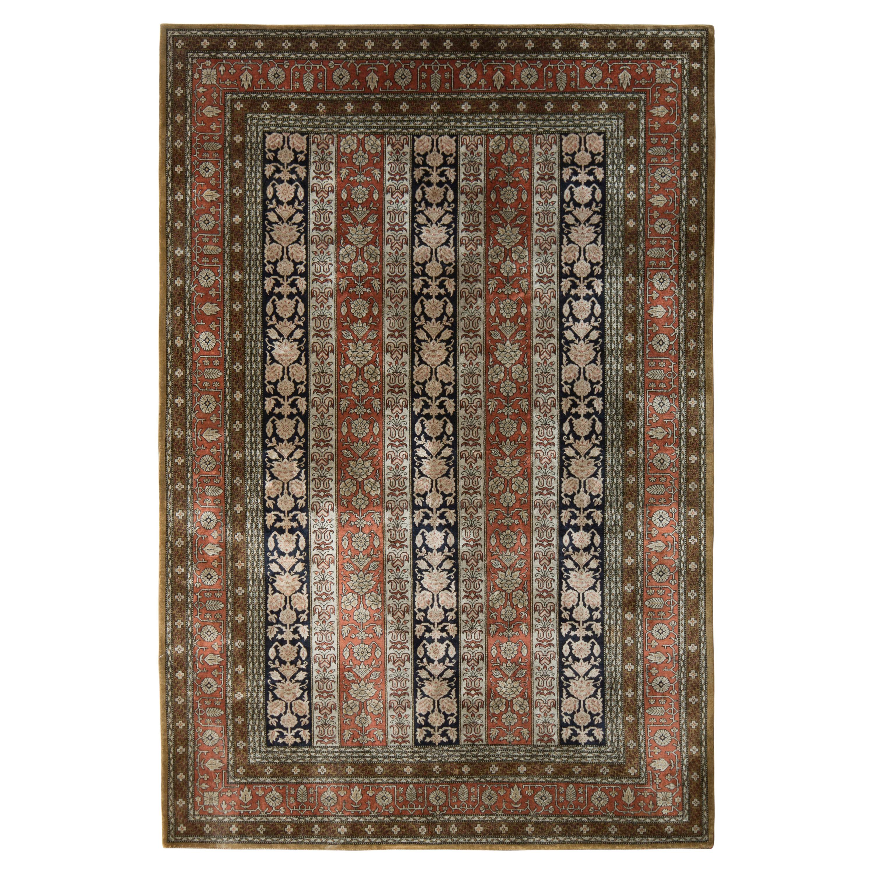 Hand-Knotted Vintage Persian Qum Rug in Red, Brown Floral Pattern 
