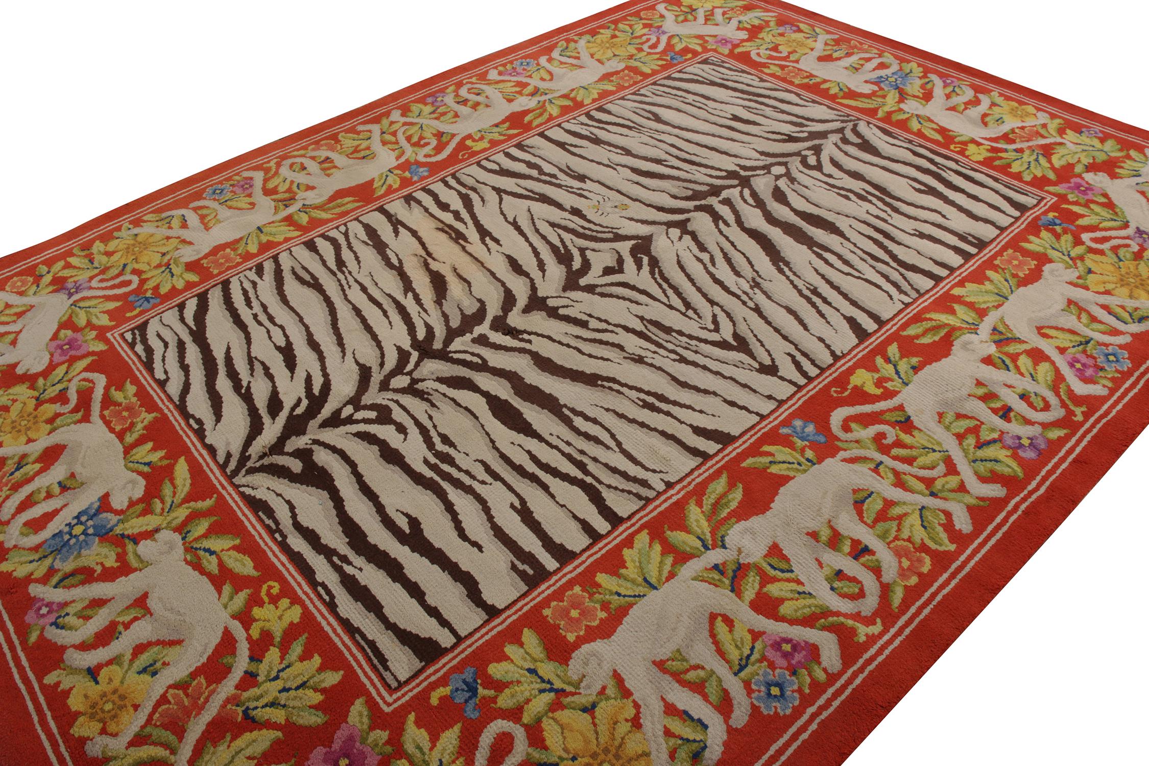 Other Hand-Knotted Vintage Pictorial Rug in Red and Beige Brown Animal Patterns