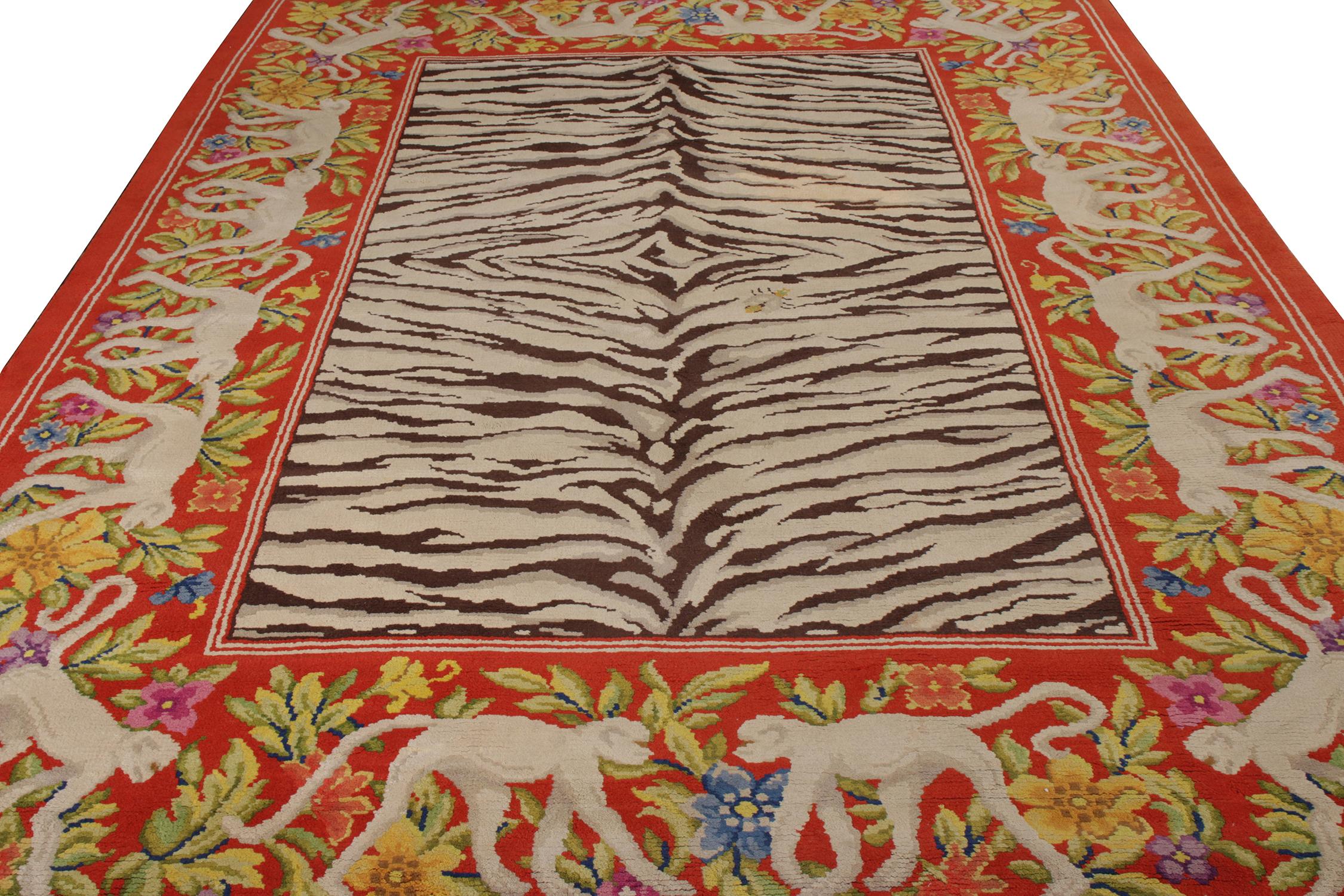 Spanish Hand-Knotted Vintage Pictorial Rug in Red and Beige Brown Animal Patterns