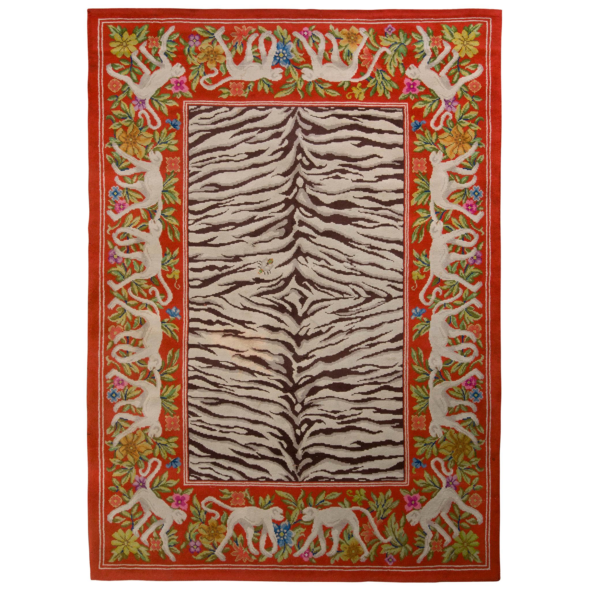 Hand-Knotted Vintage Pictorial Rug in Red and Beige Brown Animal Patterns