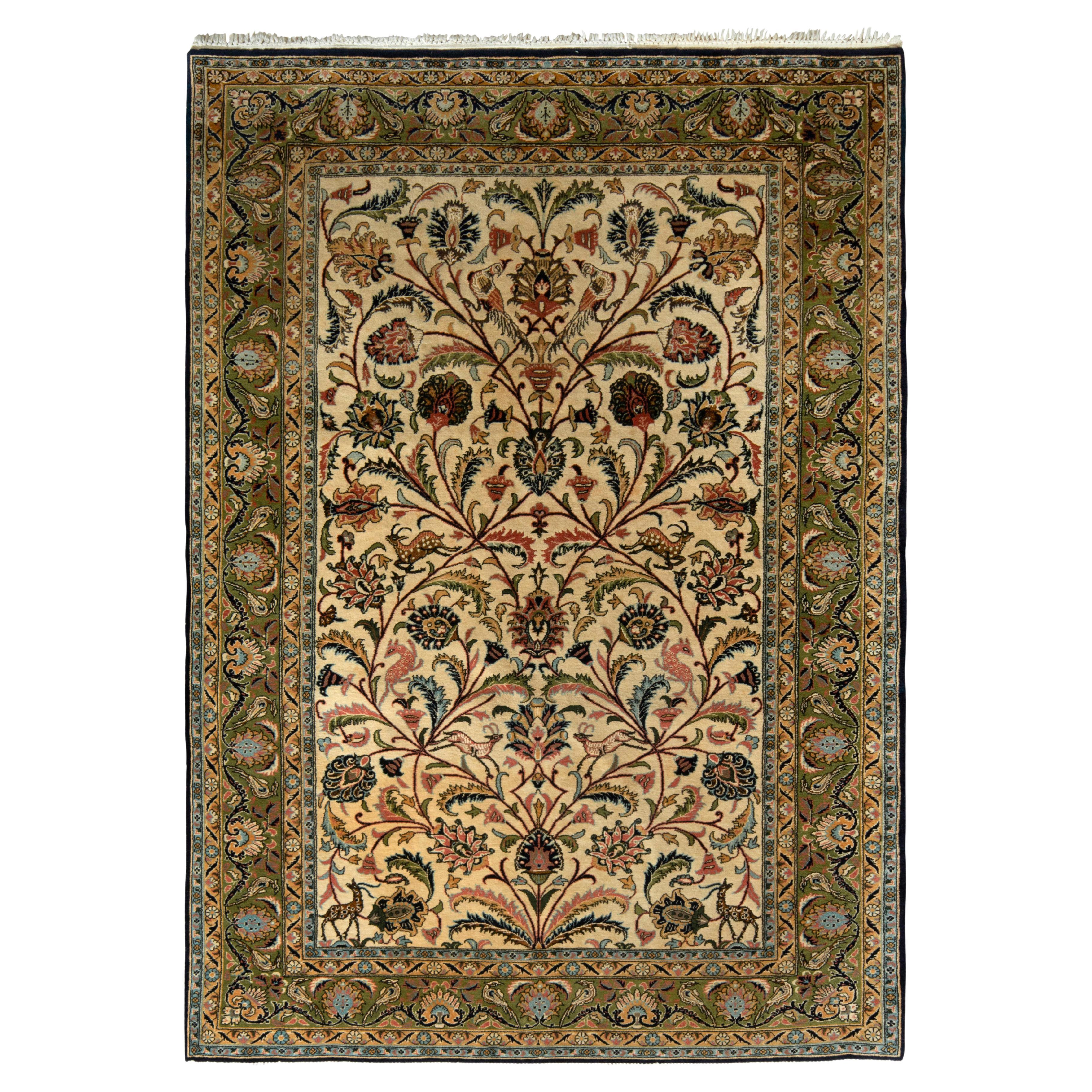 Hand-Knotted Vintage Qum Persian Rug, Beige-Brown & Green Floral by Rug & Kilim For Sale