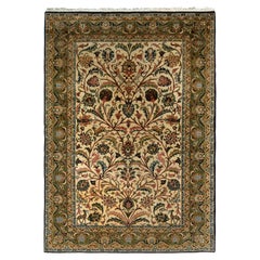 Tapis persan Qum vintage noué à la main, beige-marron et vert à motifs floraux par Rug & Kilim