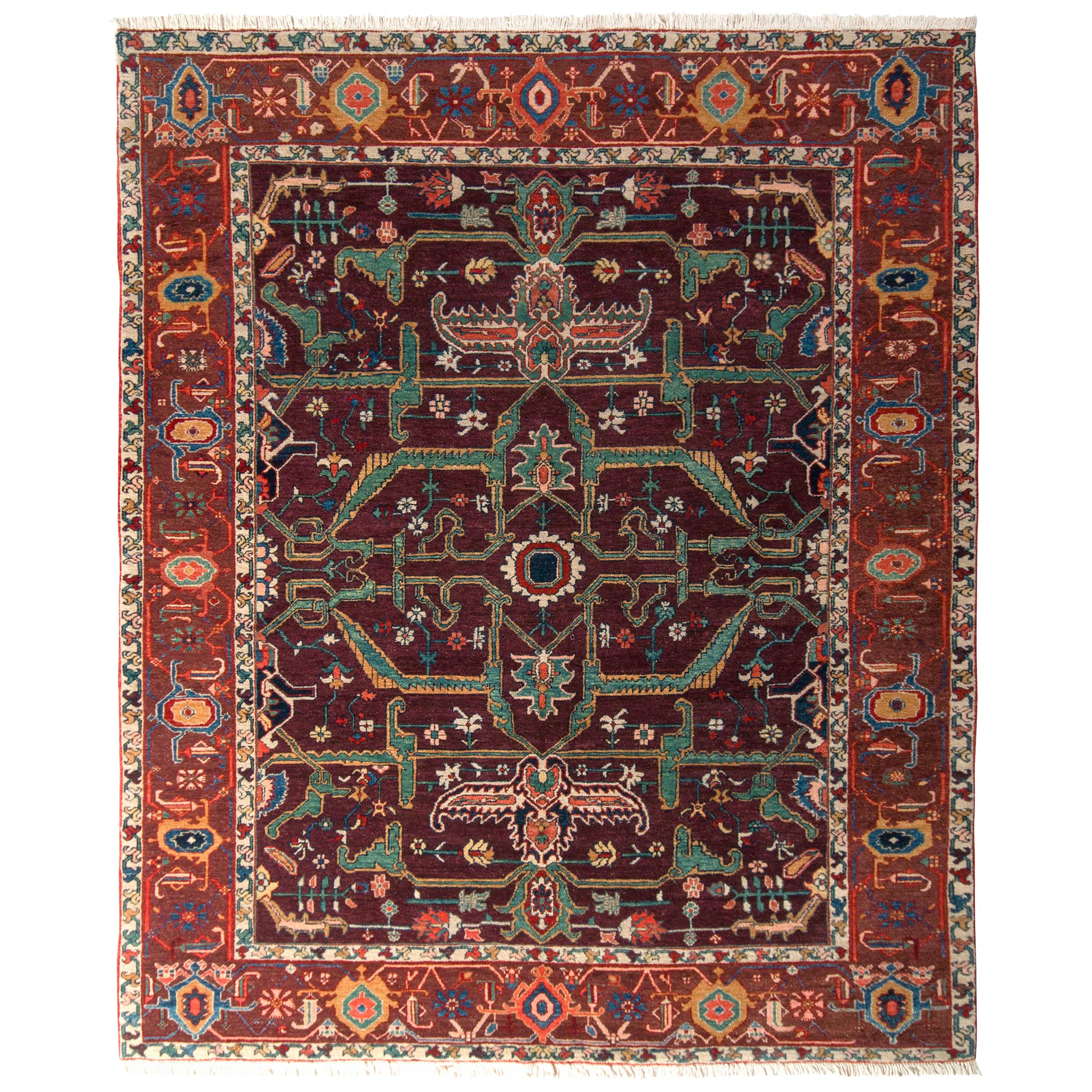 Hand Knotted Vintage Rug in Red and Green All-Over Geometric Pattern