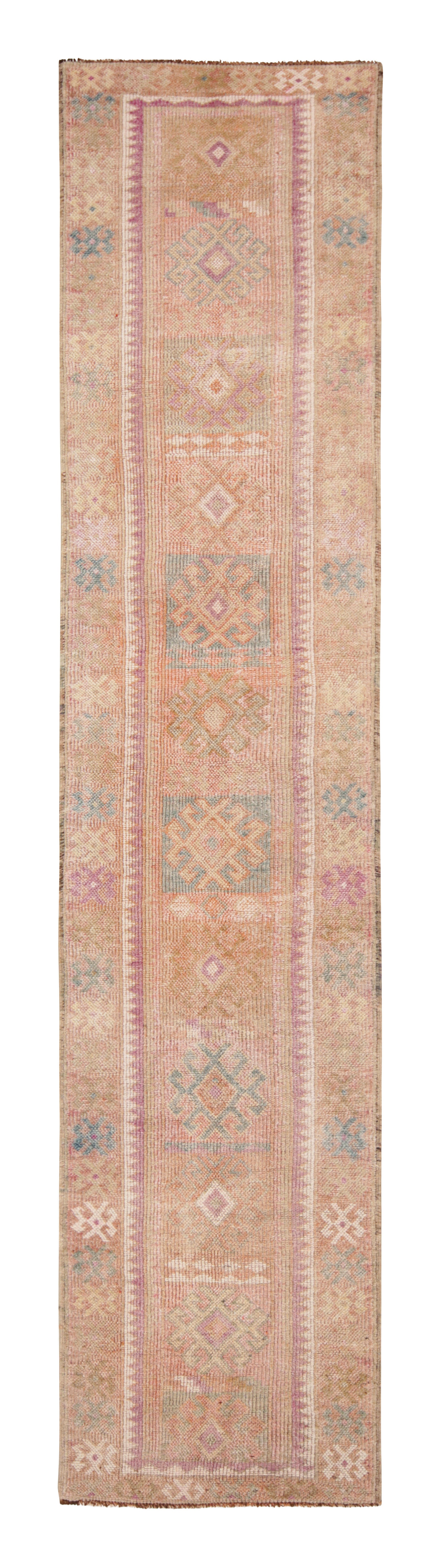 Hand-Knotted Vintage Runner Beige Tribal Rug in Geometric Pattern by Rug & Kilim