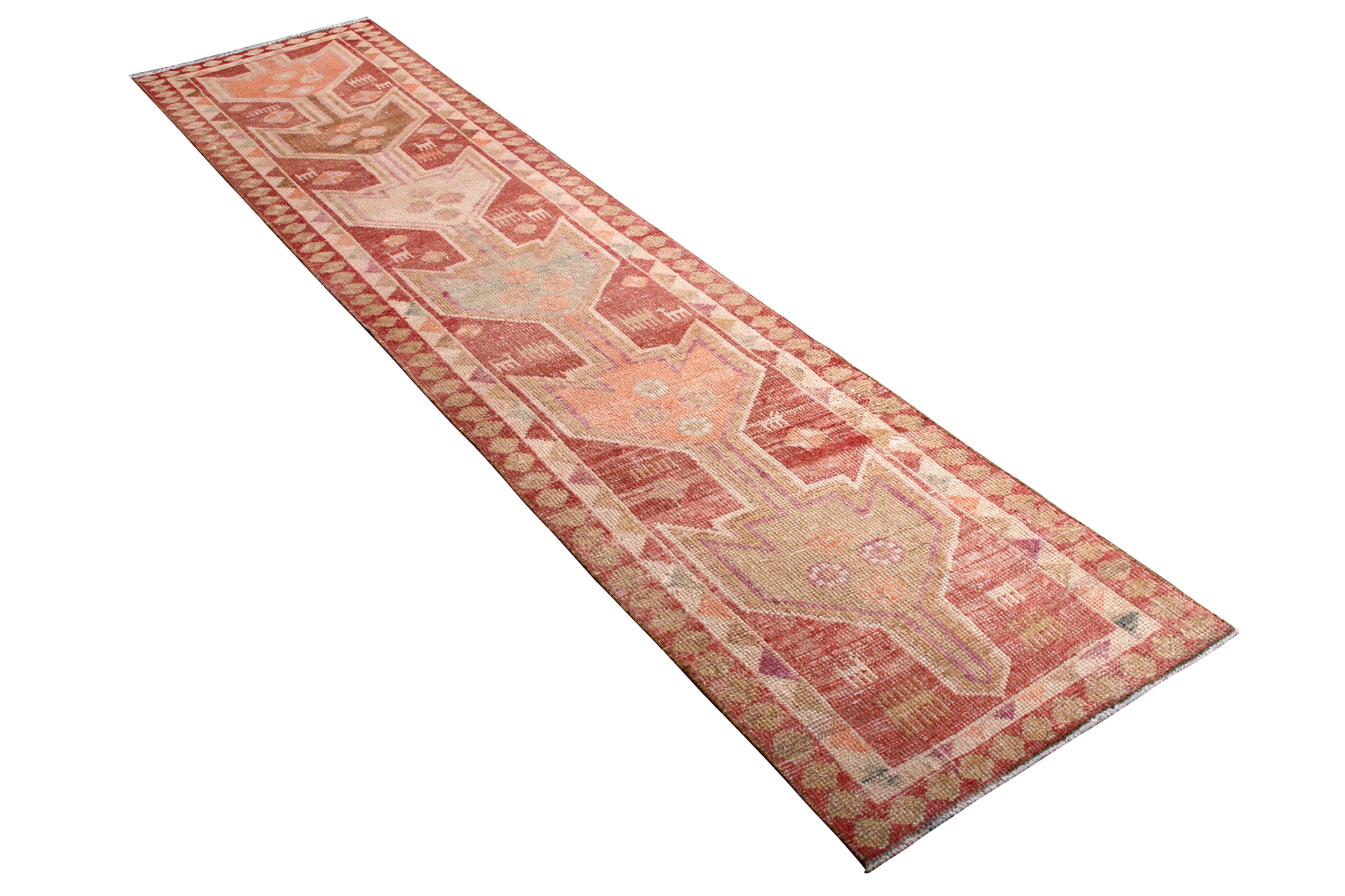 Turkish Hand Knotted Vintage Runner Beige Tribal Rug in Geometric Pattern by Rug & Kilim For Sale