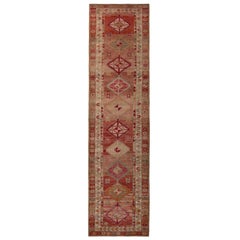 Hand-Knotted Vintage Runner, Red-Pink Rug in Geometric Pattern by Rug & Kilim