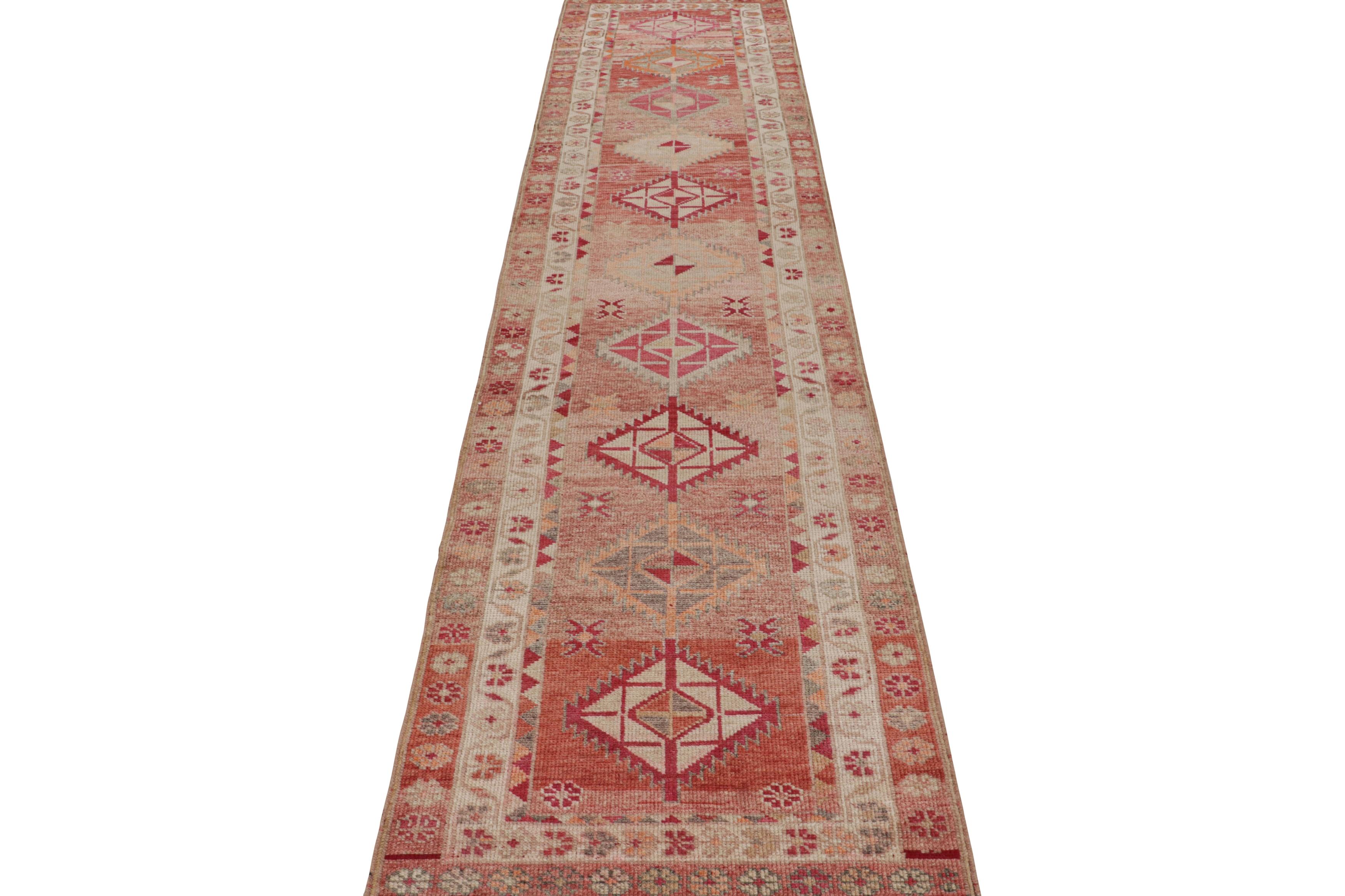 Hand-Knotted Vintage Runner, Red-Pink Rug in Geometric Pattern by Rug & Kilim In Good Condition For Sale In Long Island City, NY