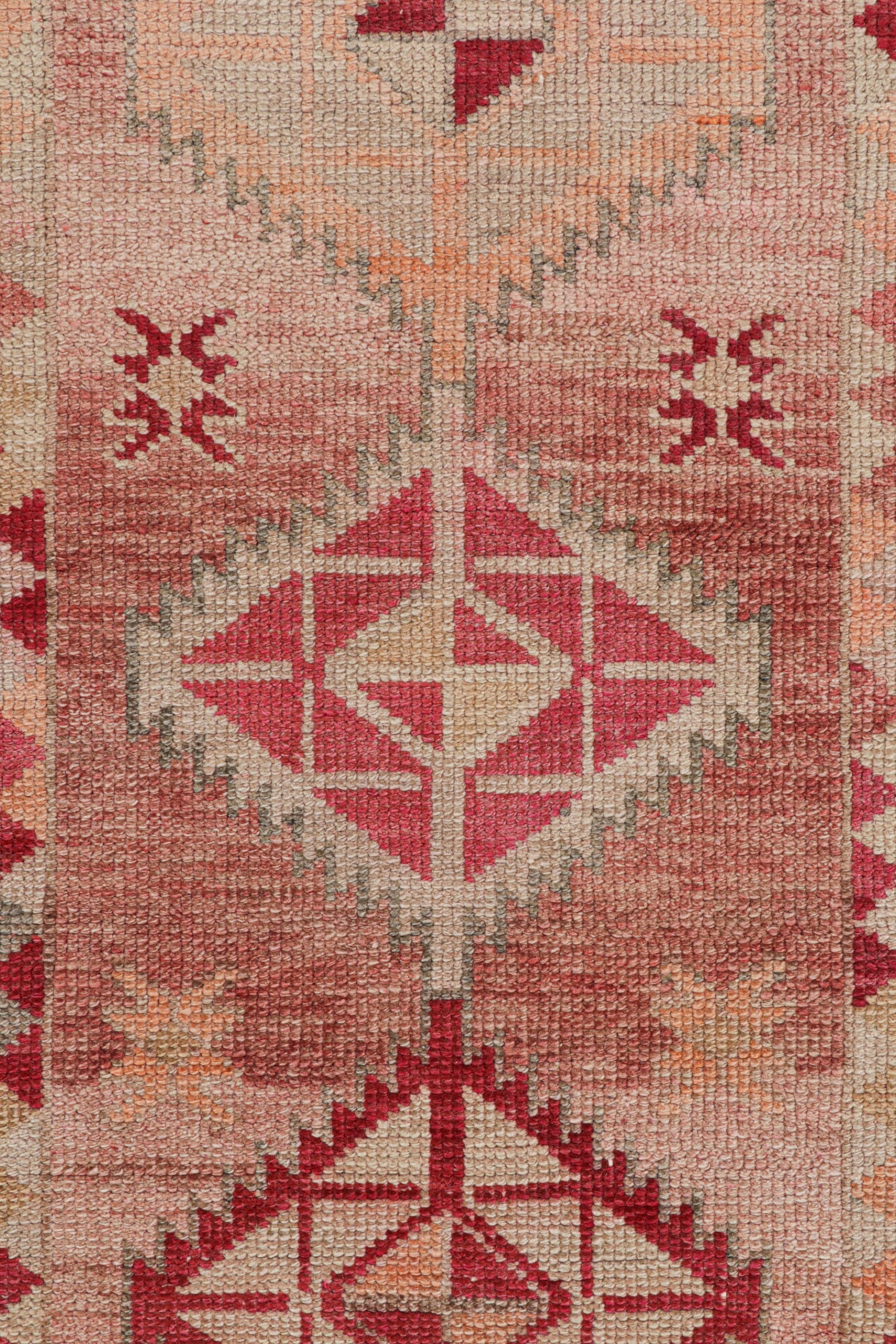 Mid-20th Century Hand-Knotted Vintage Runner, Red-Pink Rug in Geometric Pattern by Rug & Kilim For Sale