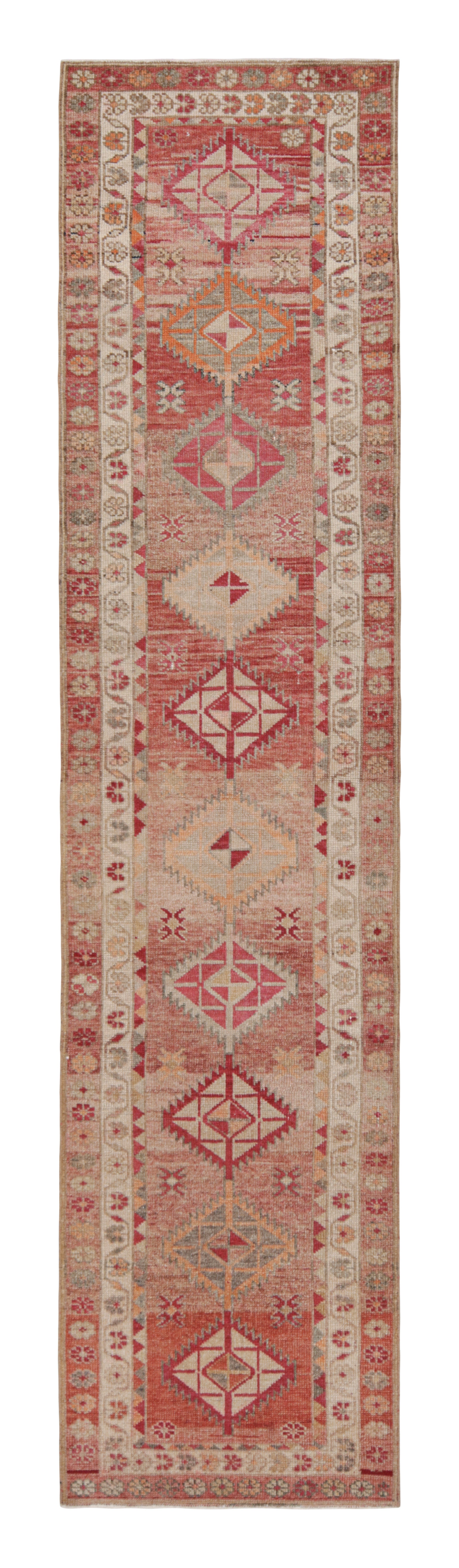 Hand-Knotted Vintage Runner, Red-Pink Rug in Geometric Pattern by Rug & Kilim
