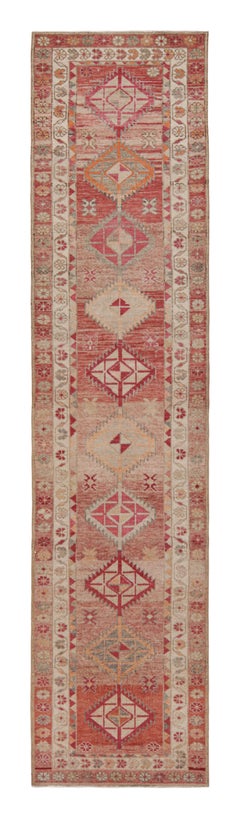 Hand-Knotted Retro Runner, Red-Pink Rug in Geometric Pattern by Rug & Kilim