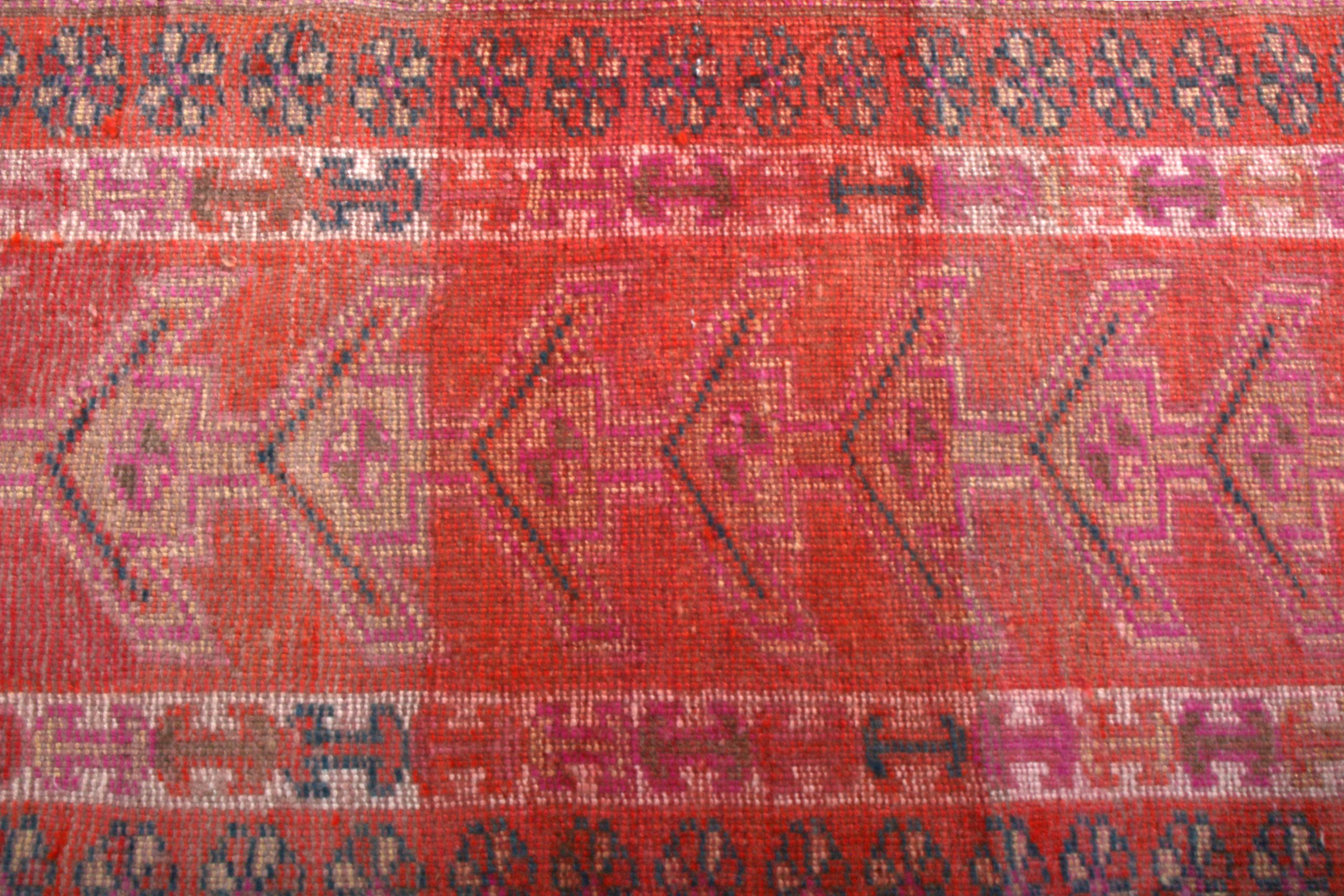 Tribal Hand-Knotted Vintage Runner Rug in Red and Pink Geometric Pattern by Rug & Kilim