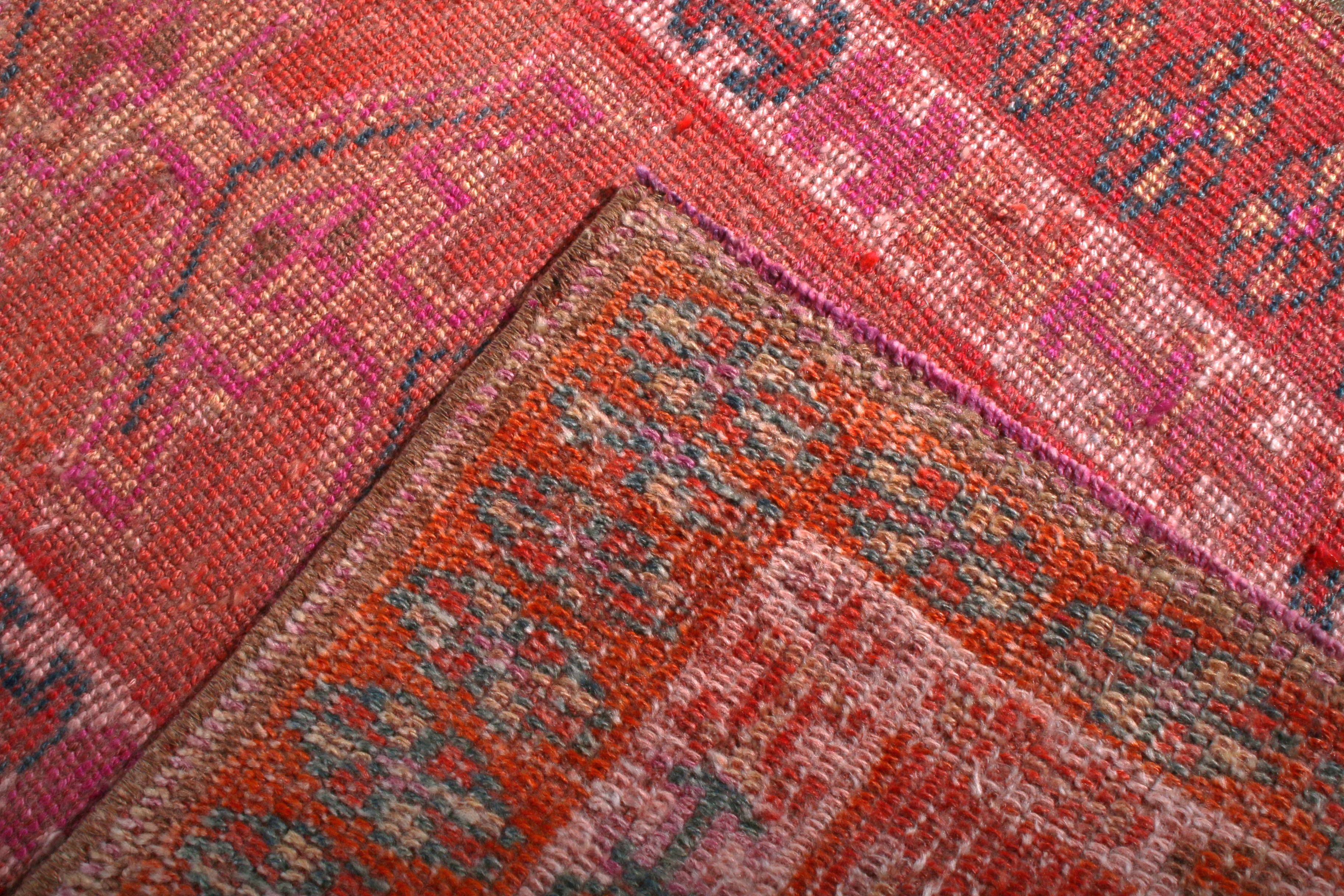 Hand-Knotted Vintage Runner Rug in Red and Pink Geometric Pattern by Rug & Kilim In Good Condition In Long Island City, NY