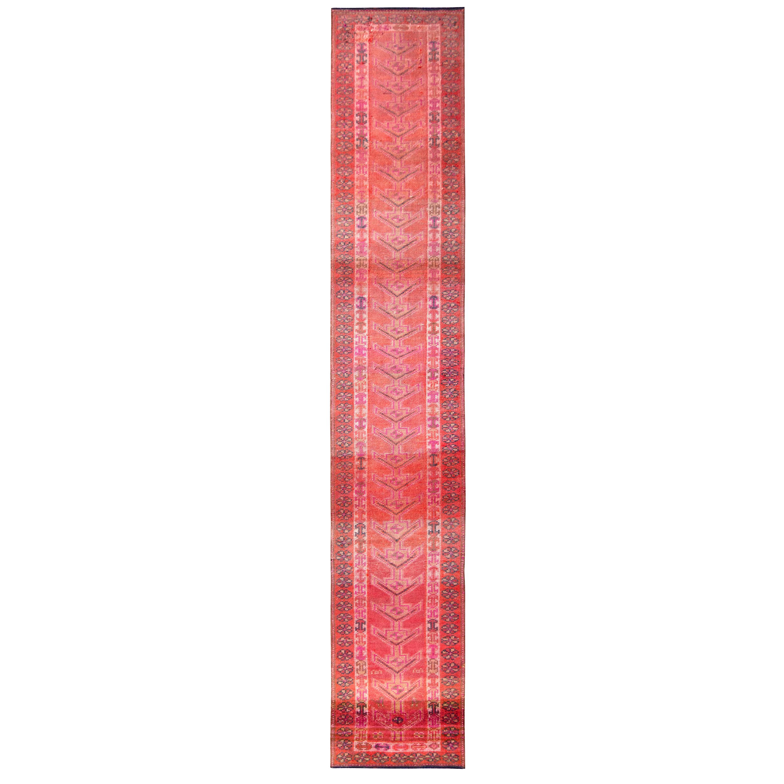 Hand-Knotted Vintage Runner Rug in Red and Pink Geometric Pattern by Rug & Kilim