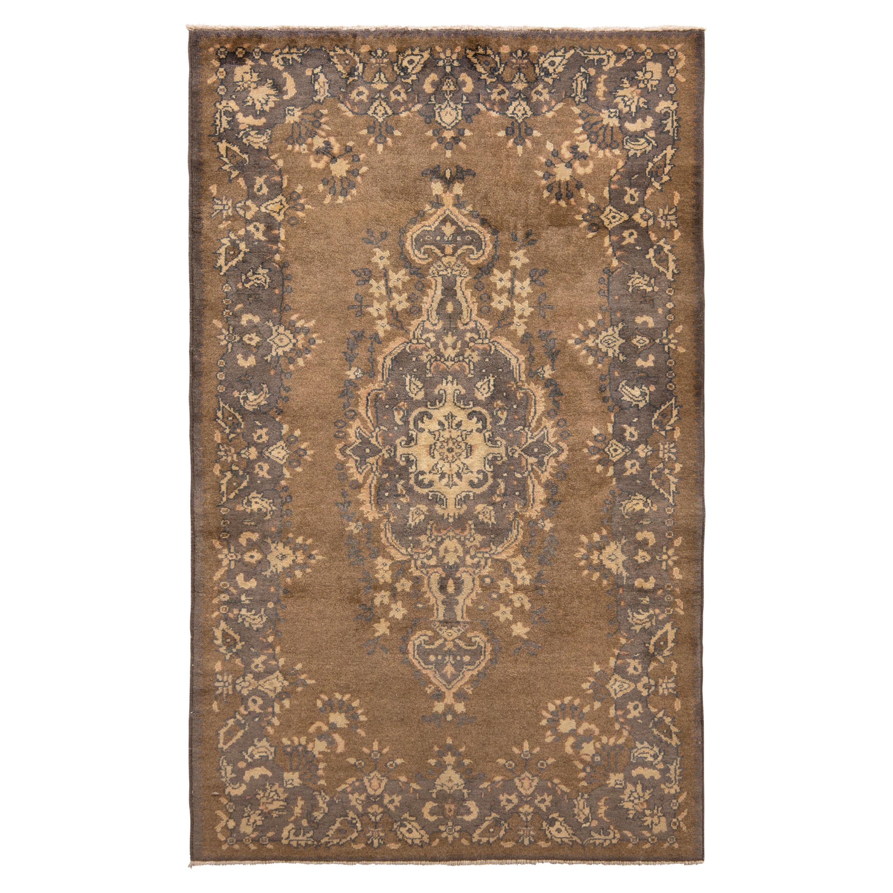 Hand-Knotted Vintage Sivas Rug in Beige-Brown with Medallion Floral Pattern