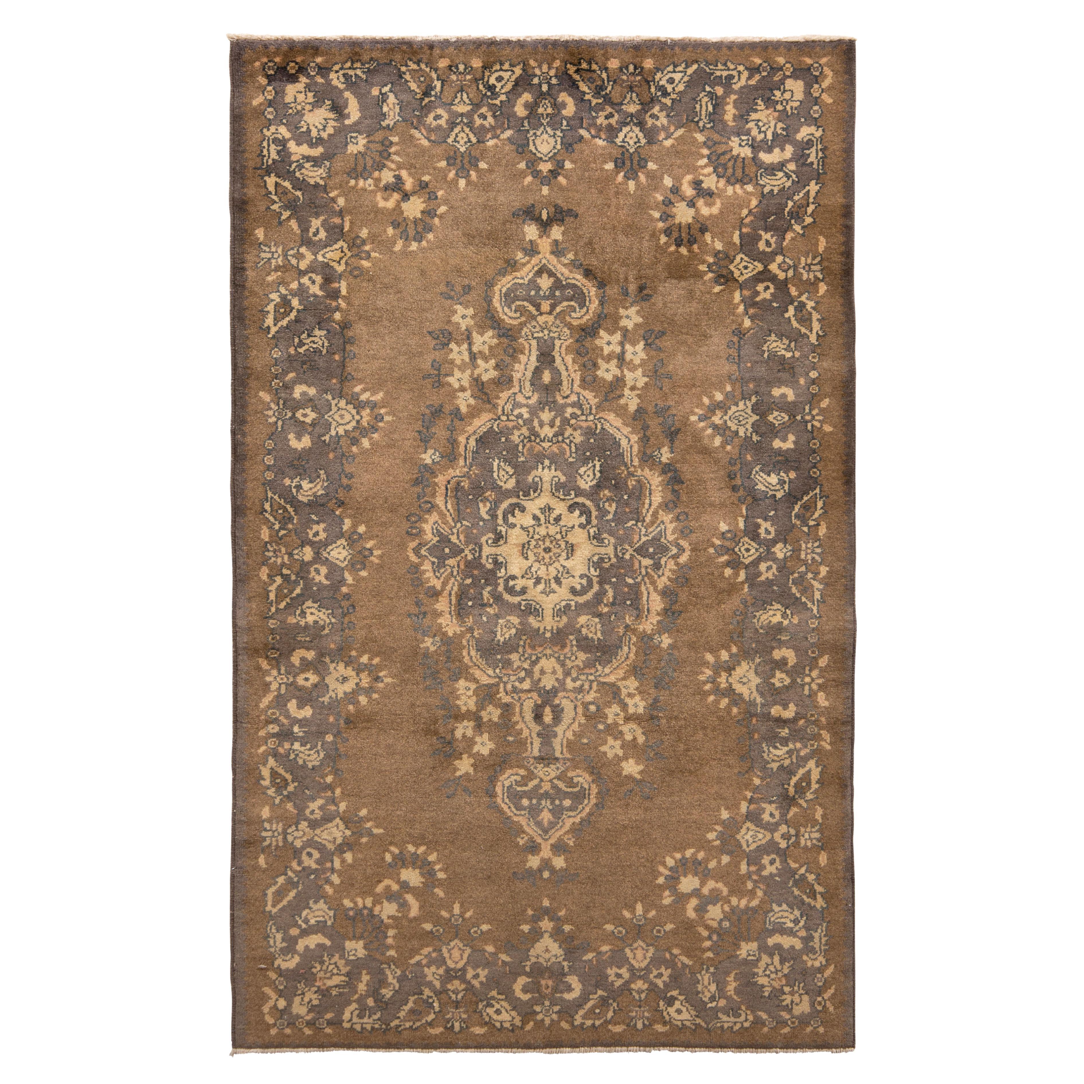 Hand-Knotted Vintage Sivas Rug in Beige-Brown with Medallion Floral Pattern For Sale