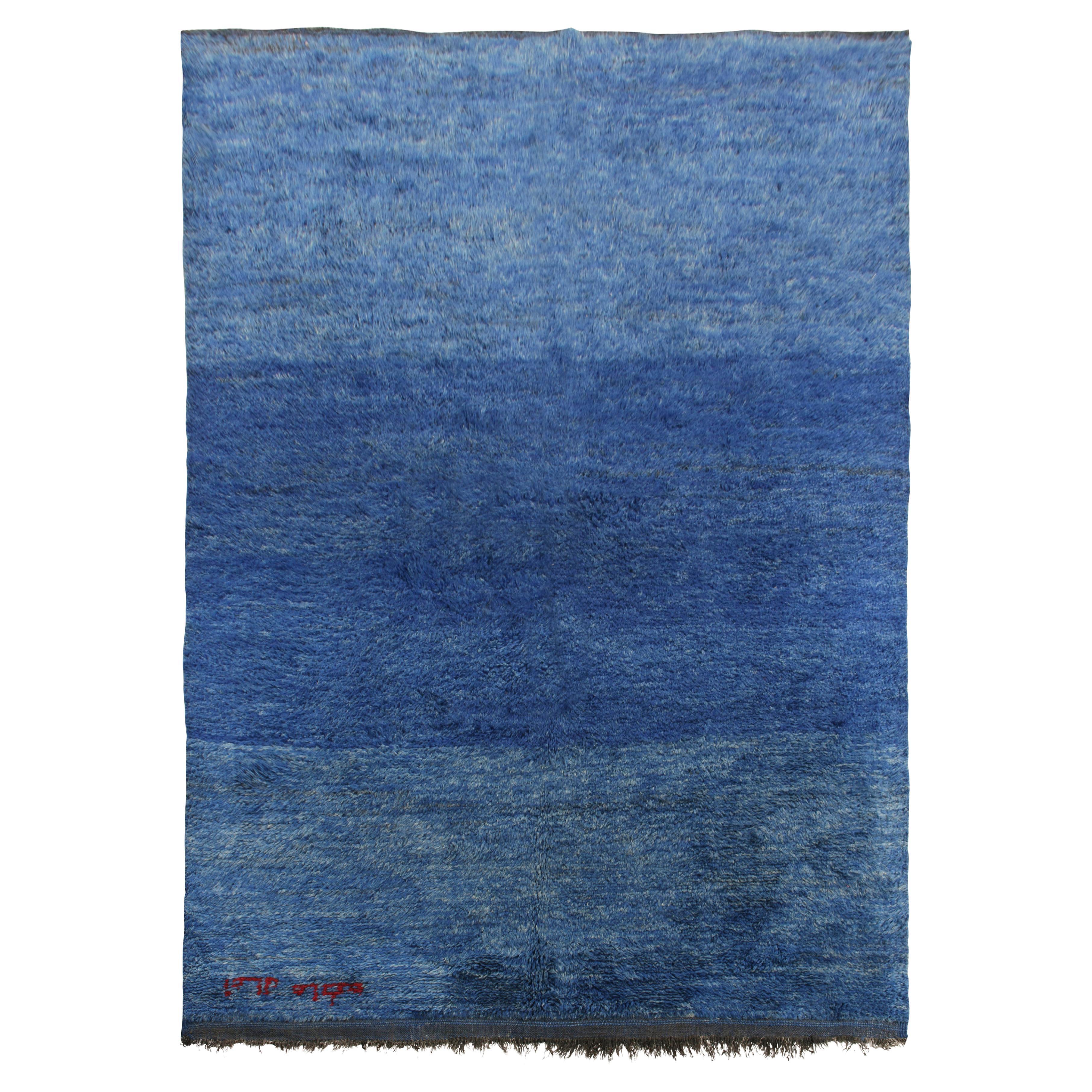 Hand-Knotted Vintage Solid Blue Moroccan Berber Rug, by Rug & Kilim For Sale